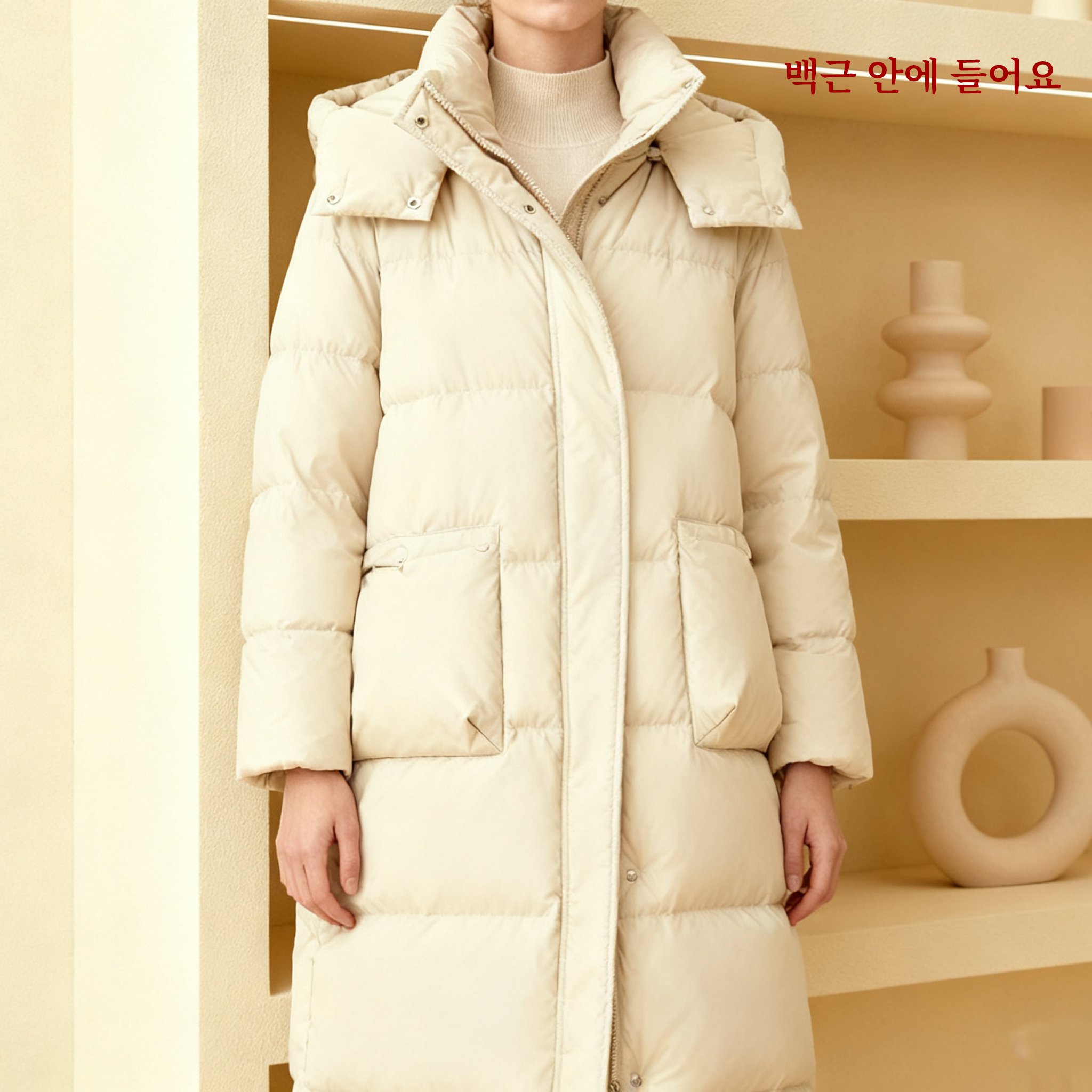 따뜻한 아이보리 롱 패딩 디테일
