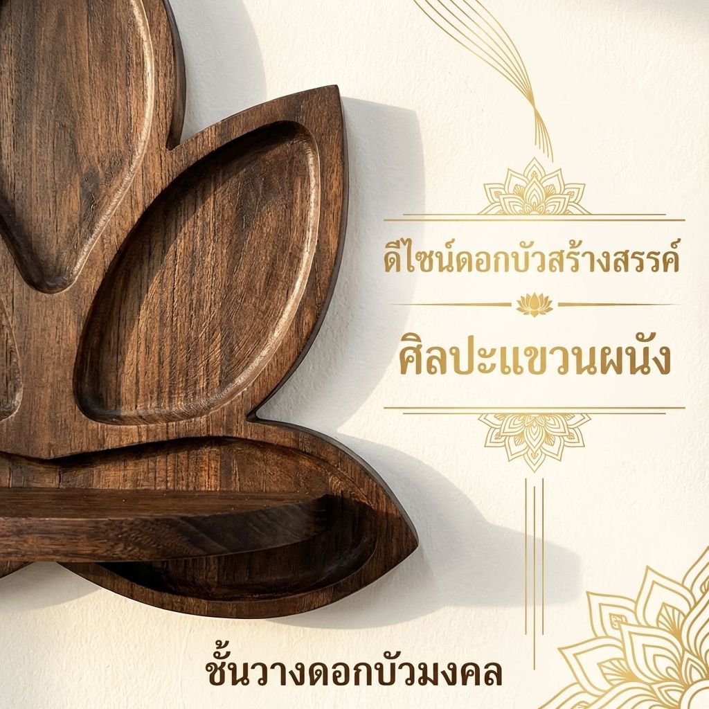 ชั้นวางของติดผนังรูปทรงดอกบัว ทำจากไม้เนื้อแข็ง