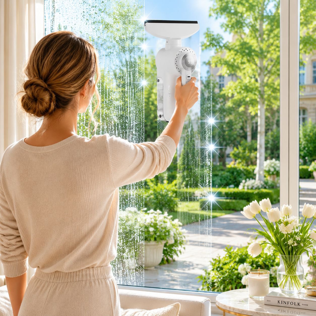 Fensterreinigung mit elektrischem Glasreiniger