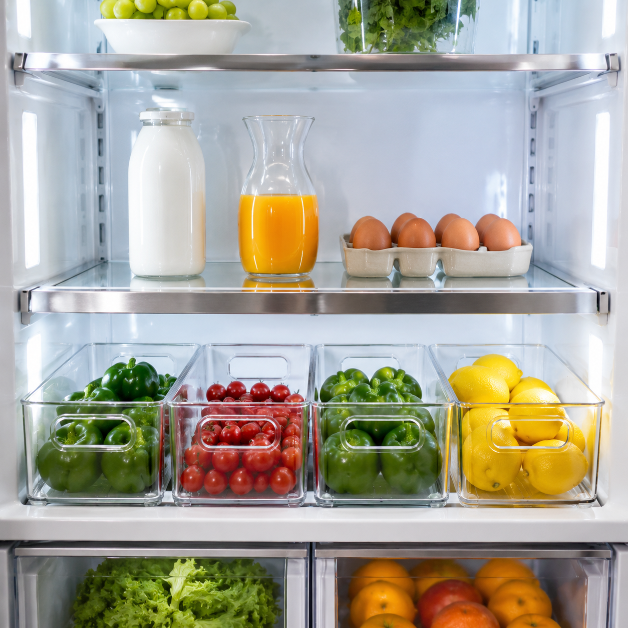 Stackable clear acrylic food storage boxes neatly arranged in kitchen