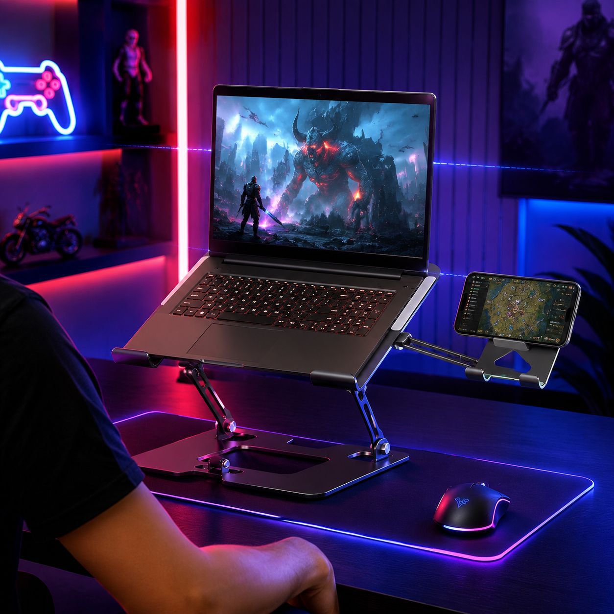 Silent Fan Elevated Laptop Phone Stand, Gaming Notebook Air-Cooled Cooling Base