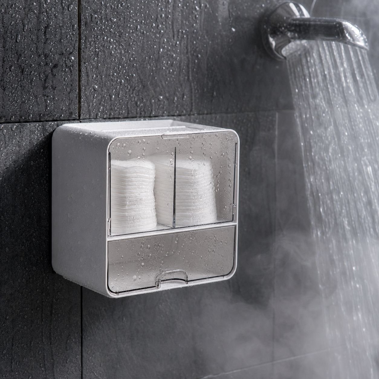 壁掛け式のバスルームミラーキャビネット収納ボックス。フェイスタオル、トイレ用綿棒、化粧品などを収納できます。