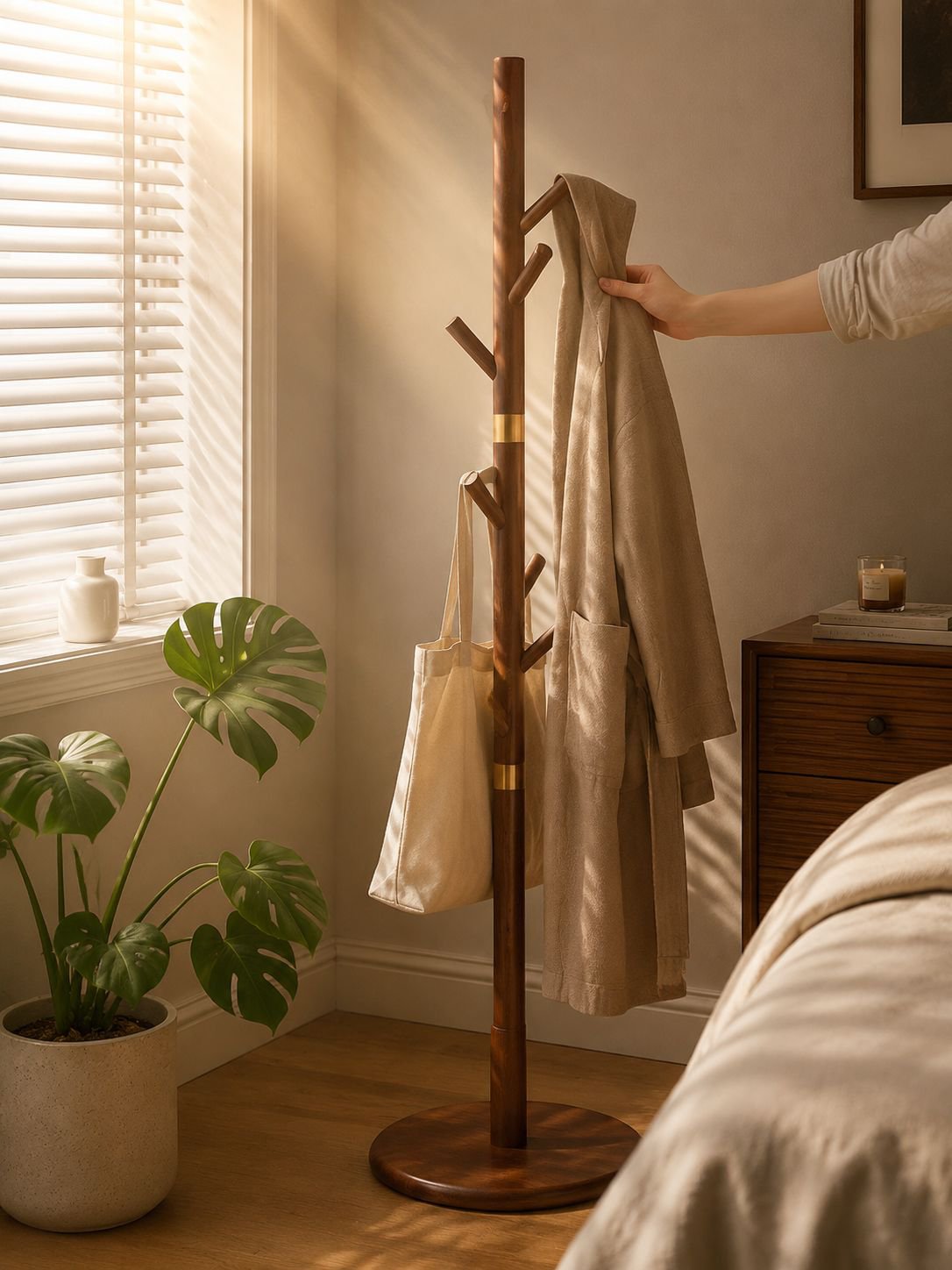Solid wood floor clothes hanger in modern living room