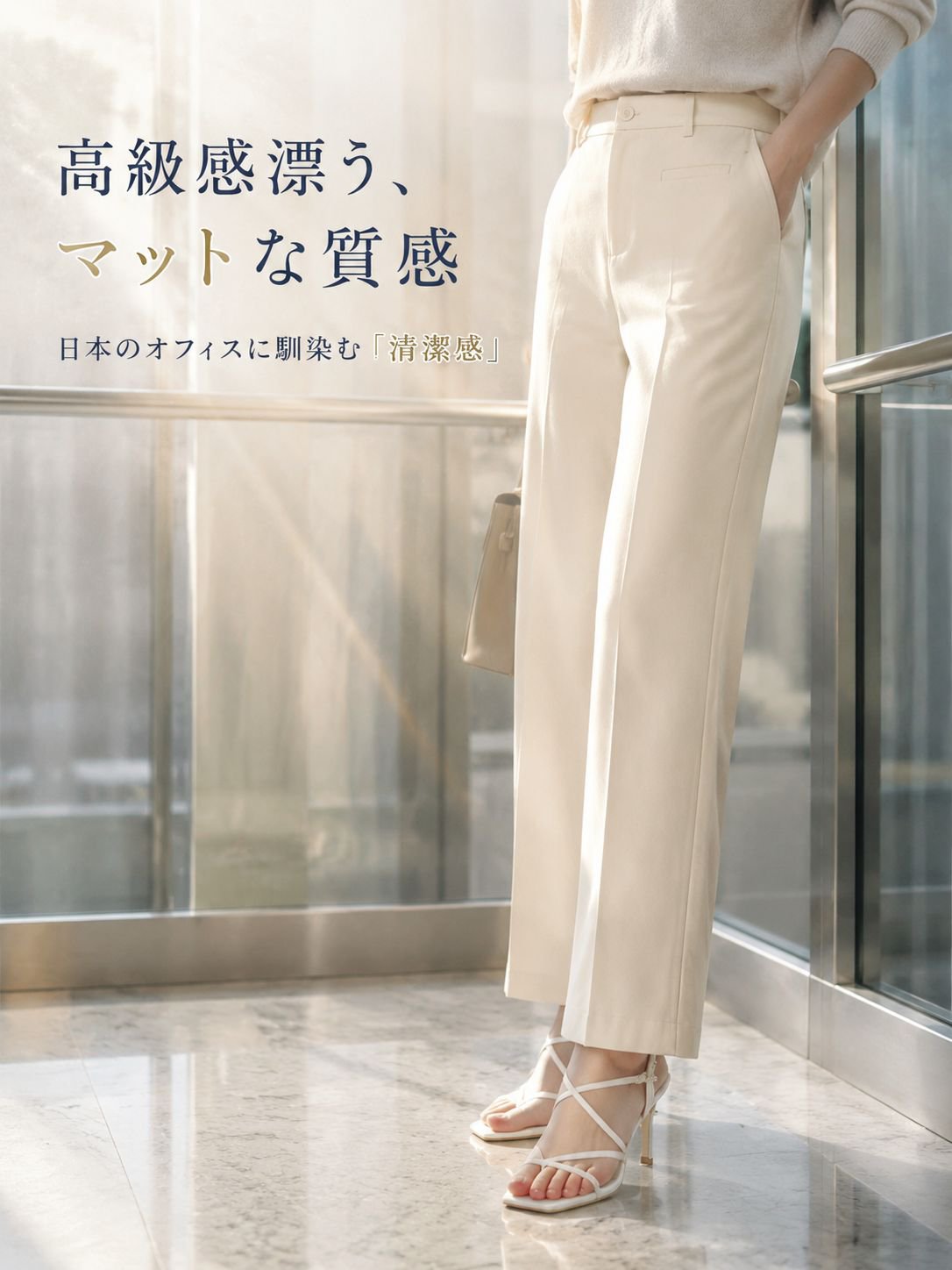 Monolly シワになりにくいクラウドコットン9分丈ワイドパンツ
