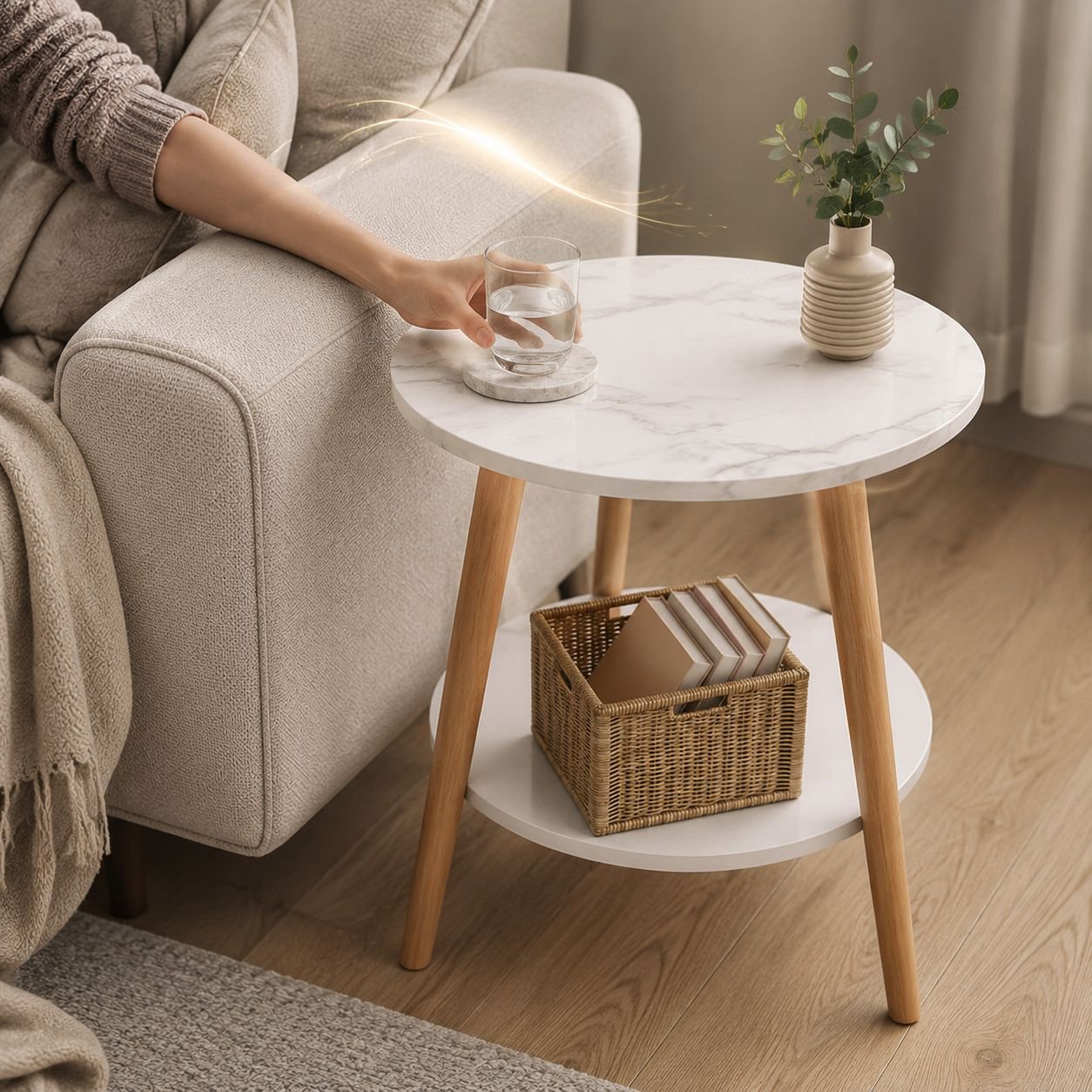 Home Small Bedside Table Modern Style Storage Table with Solid Wood Legs