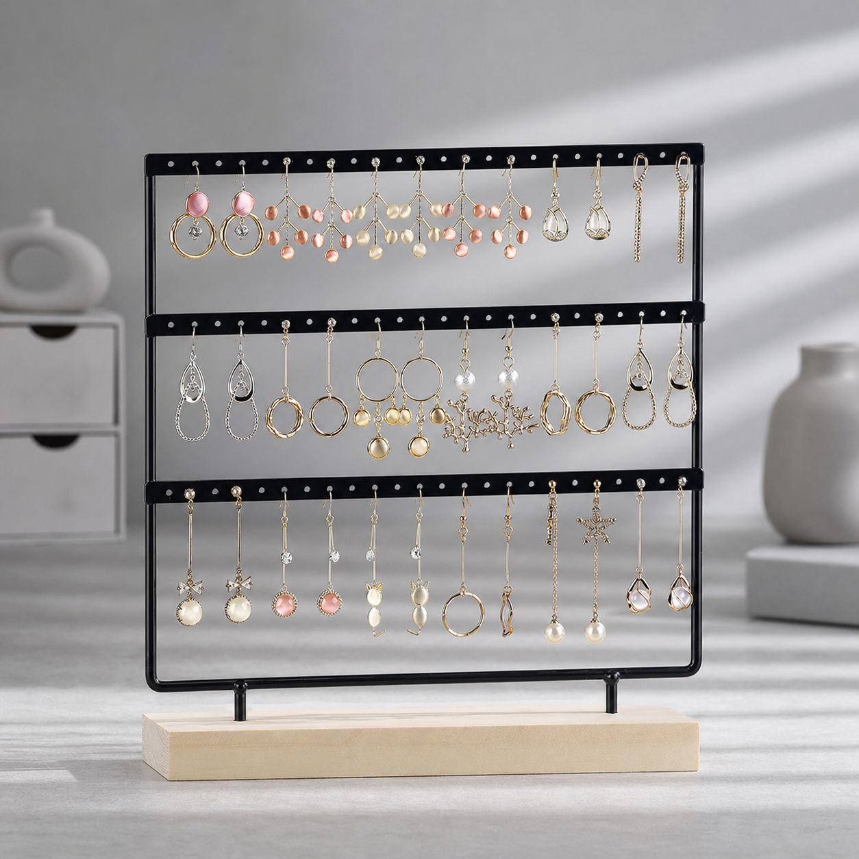 Modern wooden and iron jewelry display