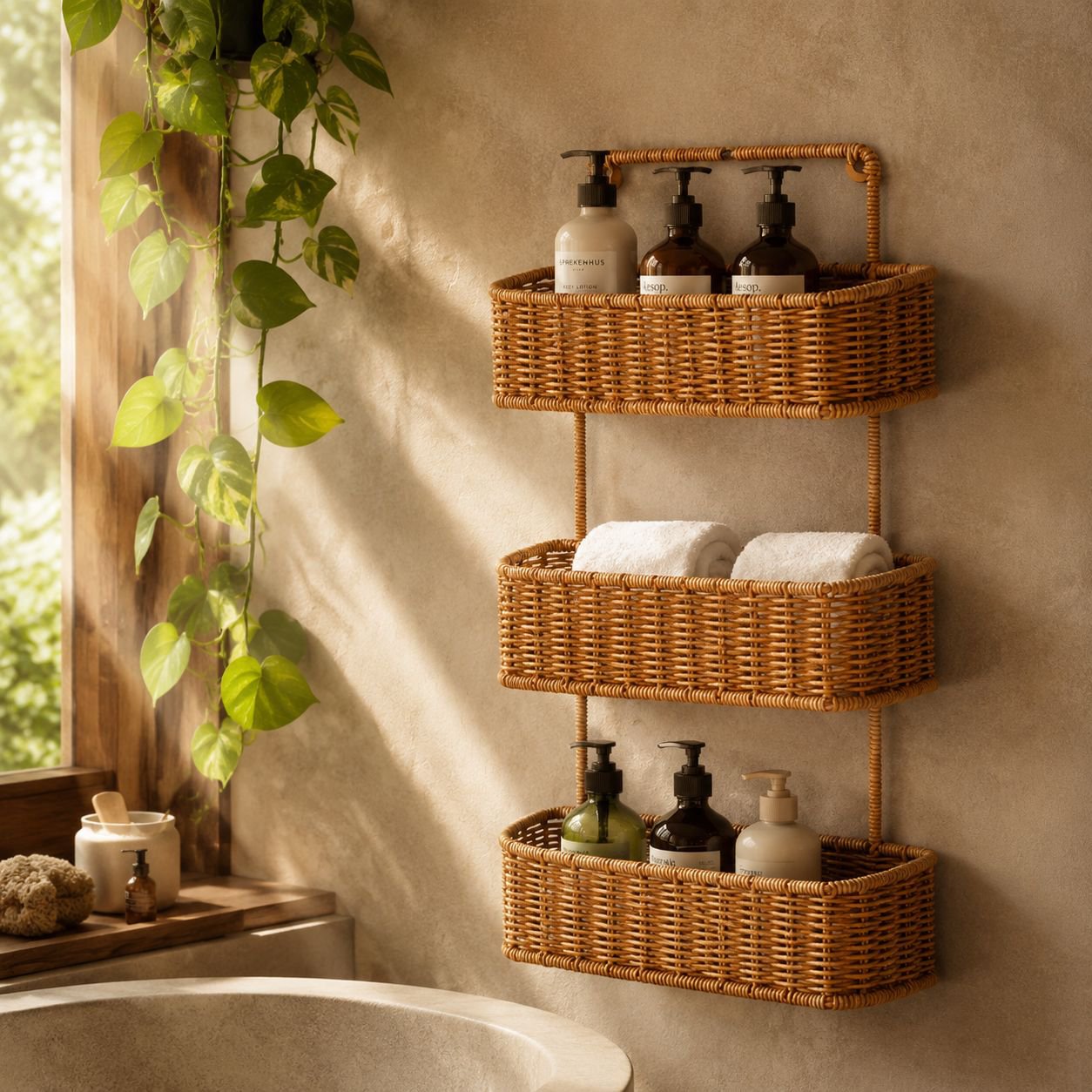 Punch-Free Imitation Rattan Bathroom Shelf, Shower Supply Organizer, Kitchen Storage Rack