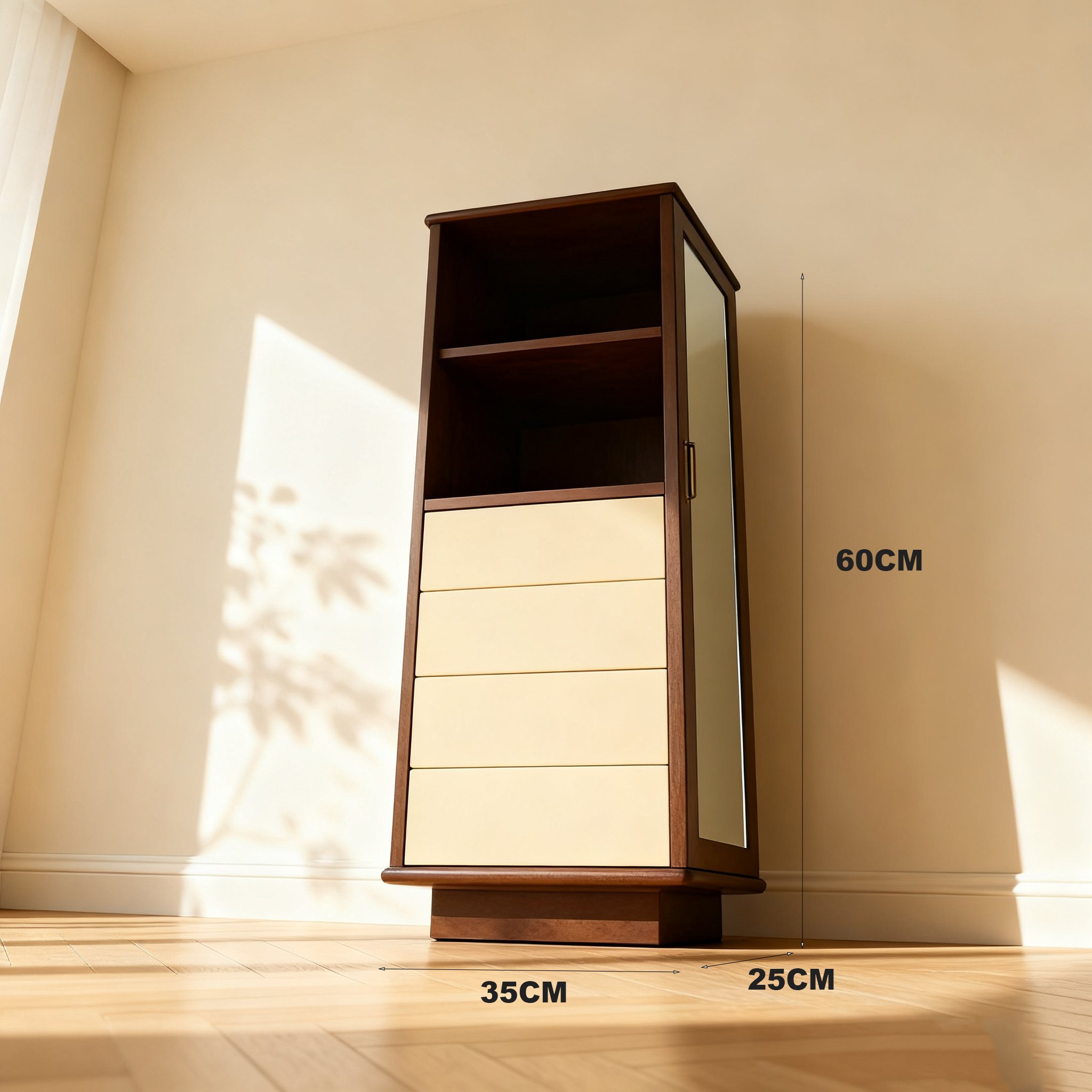 코너에 배치된 원목 캐비닛 인테리어 예시