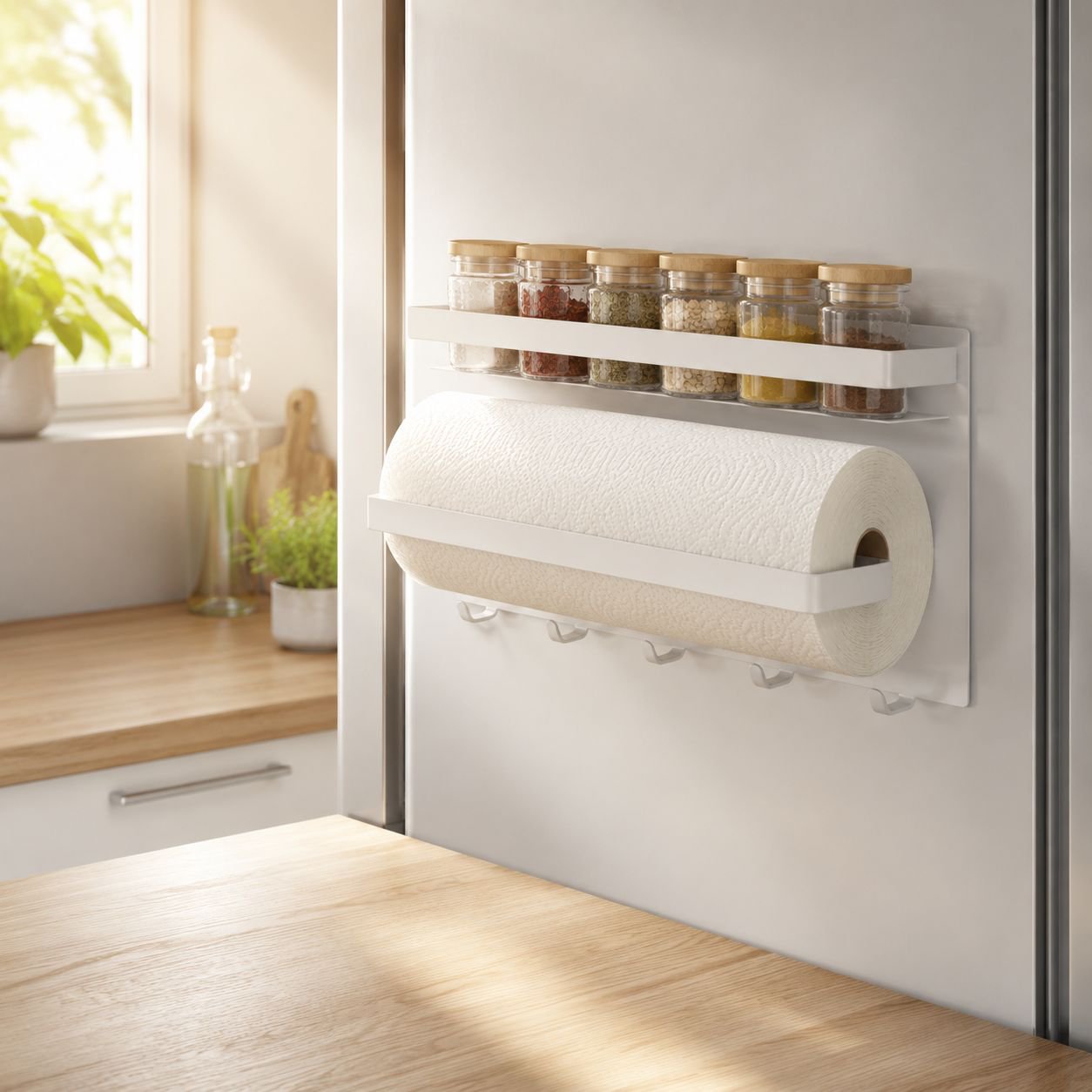 Seitlicher Halter am Kühlschrank für Küchenpapier und Frischhaltefolie
