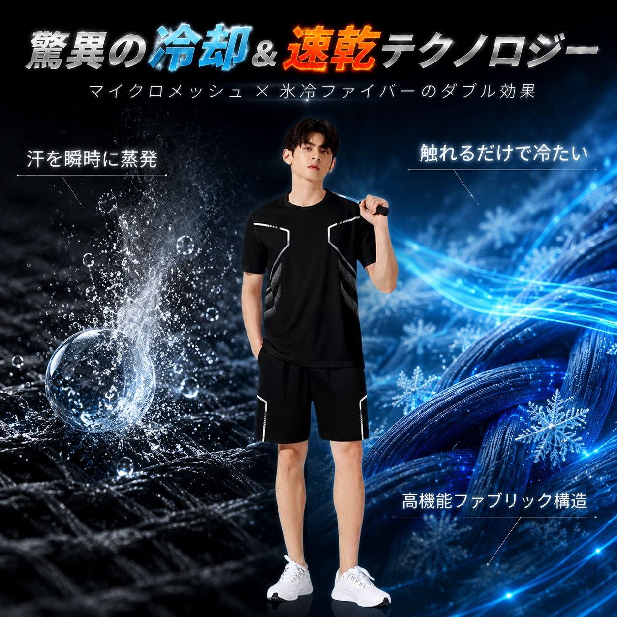 男性用冷蔵庫速乾トレーニングセット ワイドショートパンツ 半袖 ランニングウェア