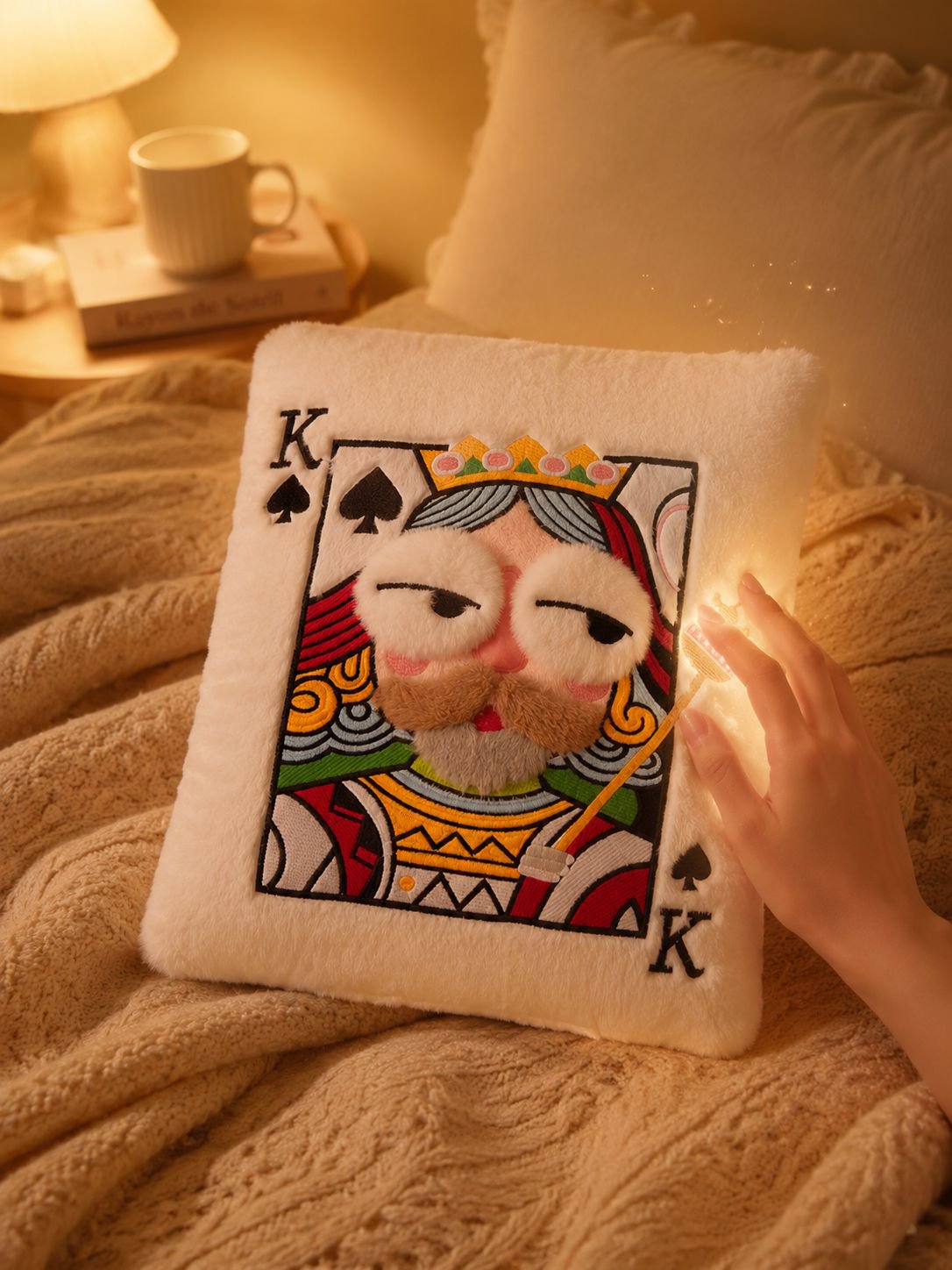 Detailed embroidery on playing card cushion