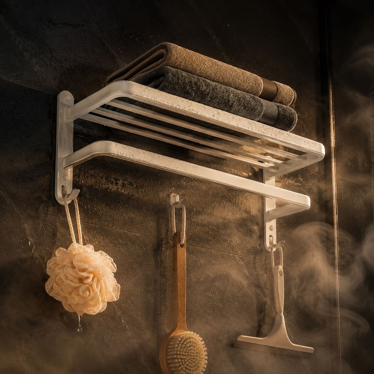 Space-saving towel shelf rack for bathroom organization