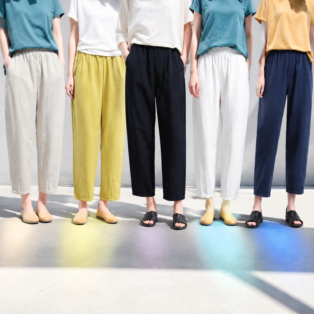 春夏用薄手コットンリネン9分丈パンツ