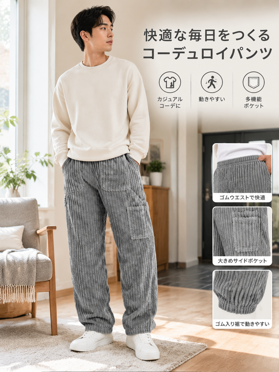 ヨーロッパとアメリカのスタイルを取り入れたメンズコーデュロイストレートレッグカジュアルパンツ、アメリカンレトロリブドローストリングロングパンツ、ゆったりとしたフィット感、6つのポケット