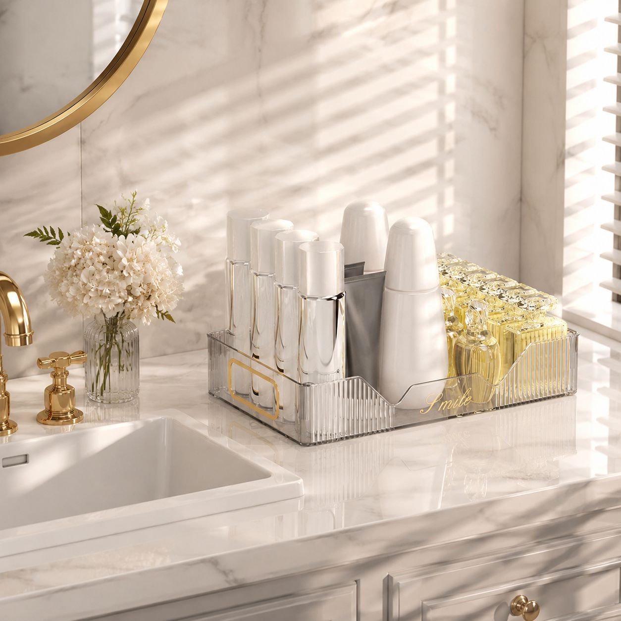 Double Layer Bathroom Sink Cosmetic Organizer on countertop