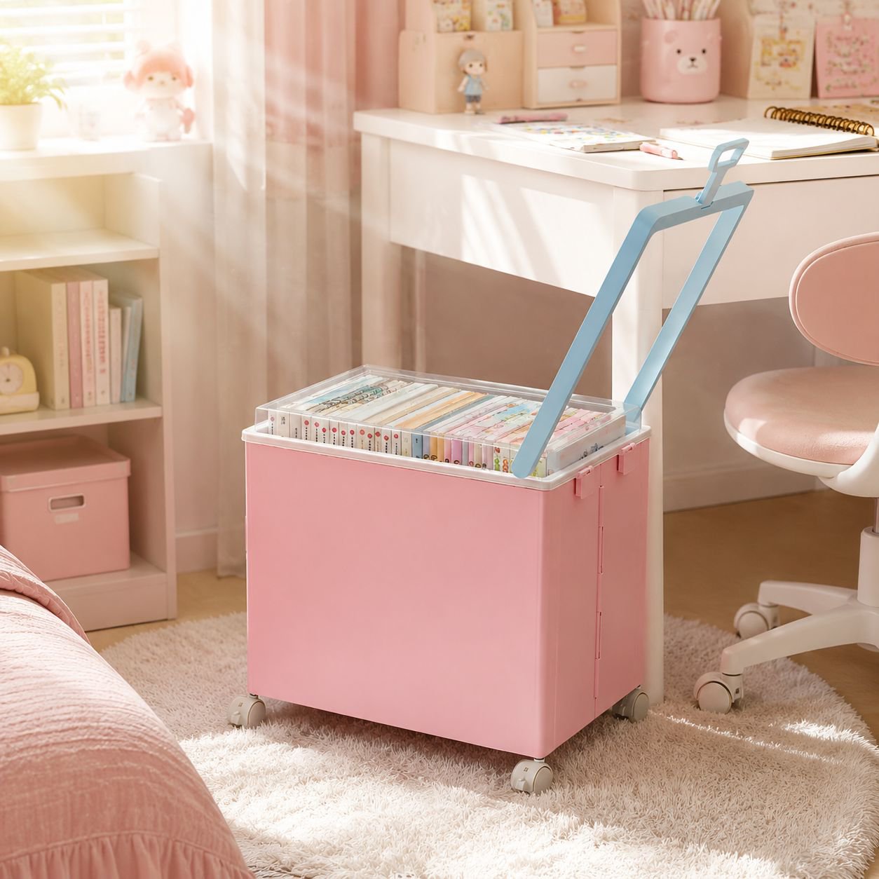 Wheeled storage cart storing office supplies