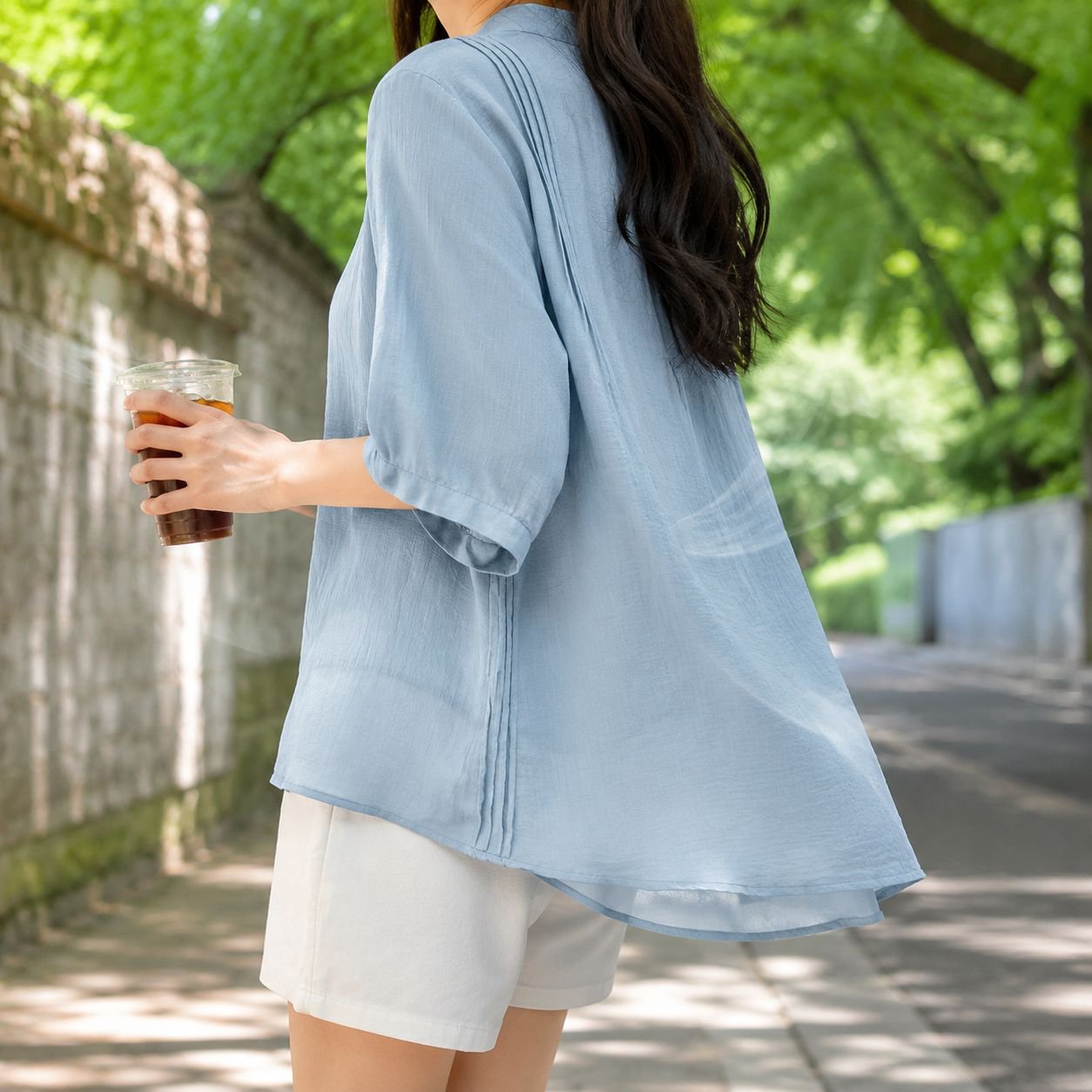 면 마 소재 산뜻한 5부 소매 문예 여성 블라우스