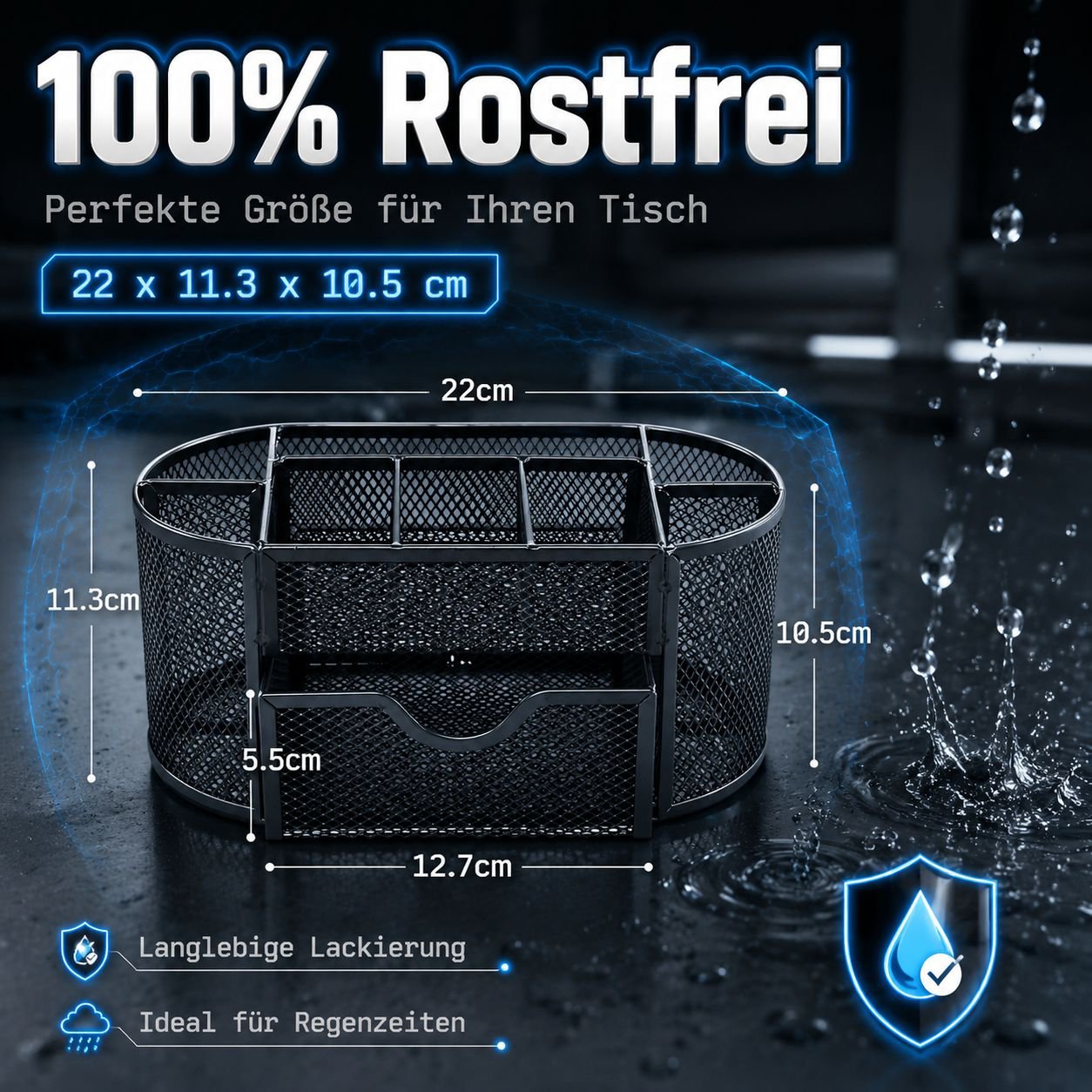 Metallgitter-Stifthalter mit neun Fächern, kombinierbare Schreibtischbox