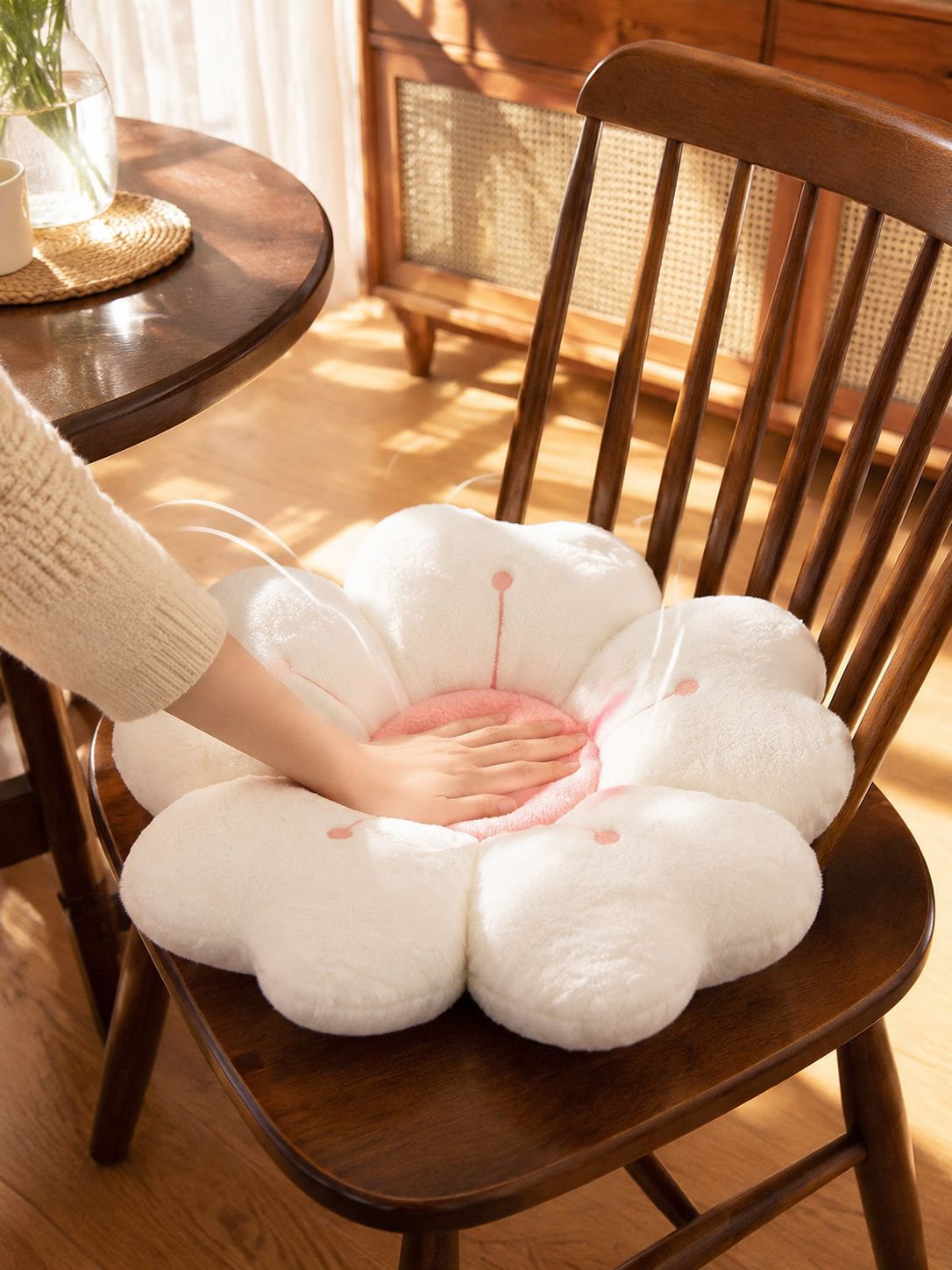 Plush Flower Cushion on sofa