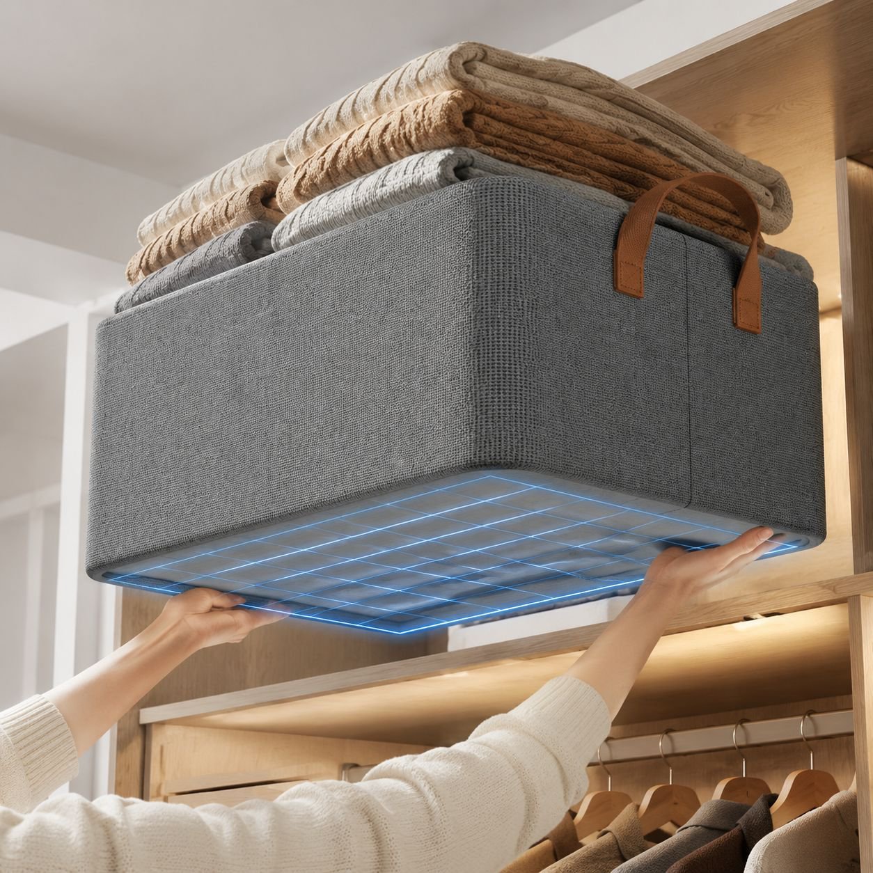 Cesta multiusos de tela gruesa en dormitorio