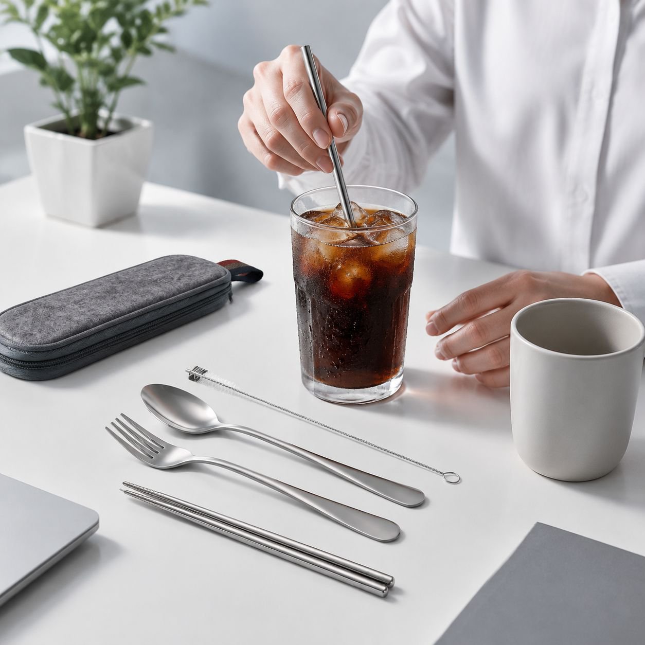 Tragbares Edelstahlset mit Stäbchen und Trinkhalmen