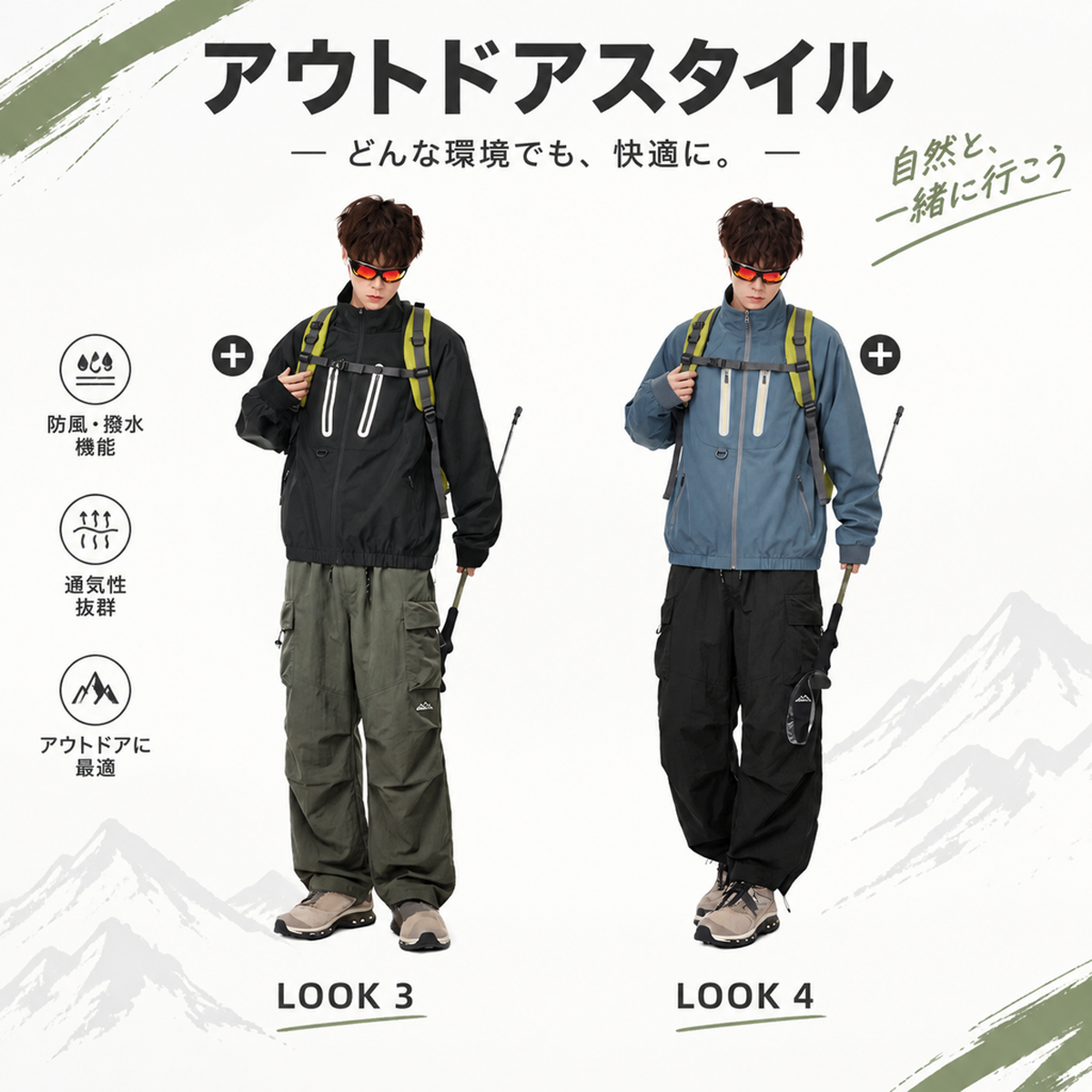 アウトドア向け撥水加工膝丈パラシュートパンツ。トレンディな春スタイル、機能的な立体ポケット付きカーゴカジュアルパンツ（メンズ）。