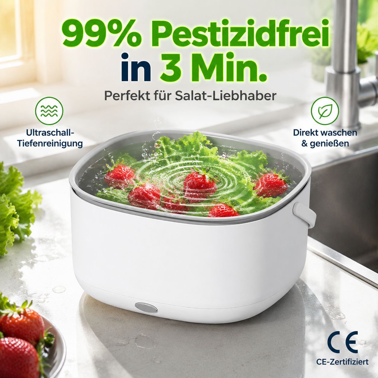 Großer Abtropfkorb mit Lebensmittelreiniger für Obst und Gemüse