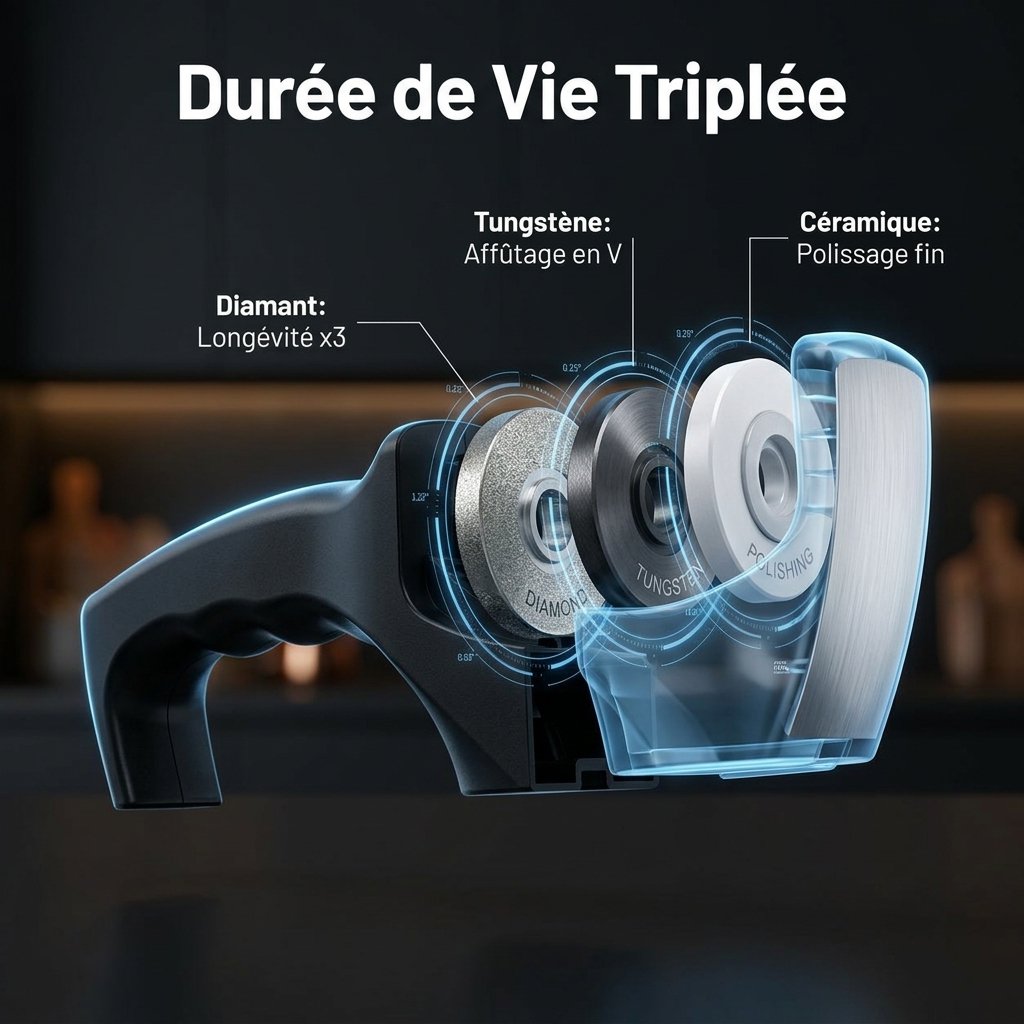 Aiguiseur de couteaux de cuisine à angle fixe, rapide, avec pierres en tungstène et diamant