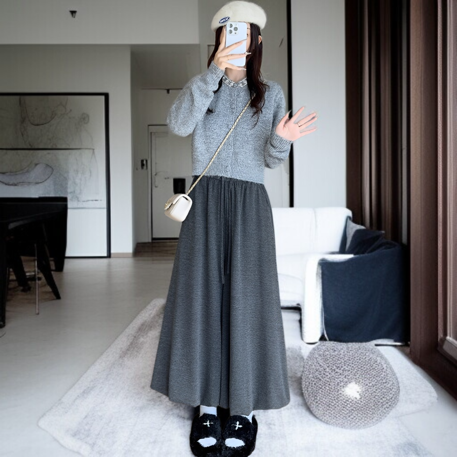 여성 하이웨스트 드롭 팬츠 찹쌀 니트 치마바지 와이드 잔키 하이웨스트 와이드 팬츠 나른 치마바지