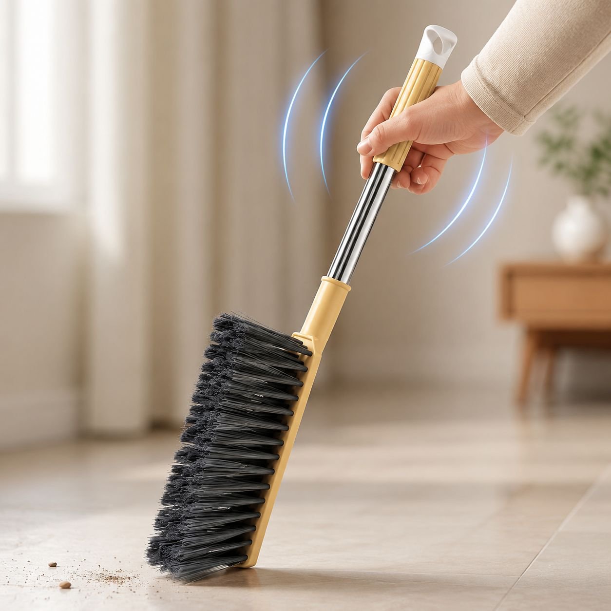 Household brush with ergonomic long handle