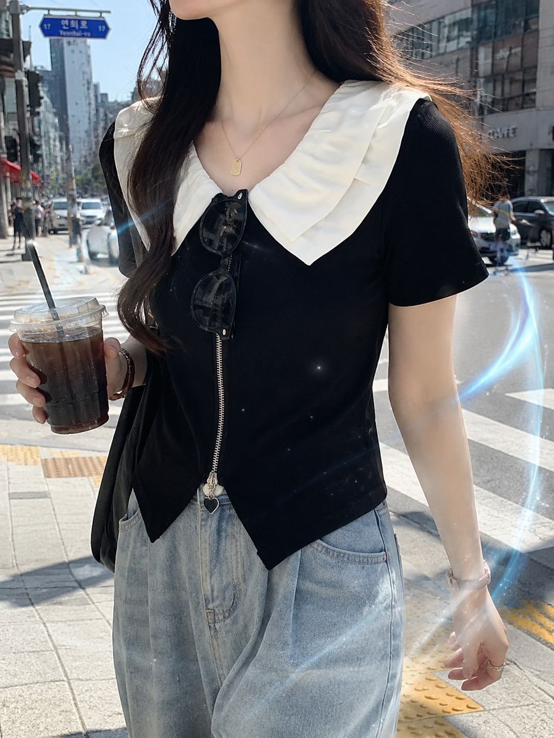 여성 여름 불규칙 반팔 슬림 티셔츠