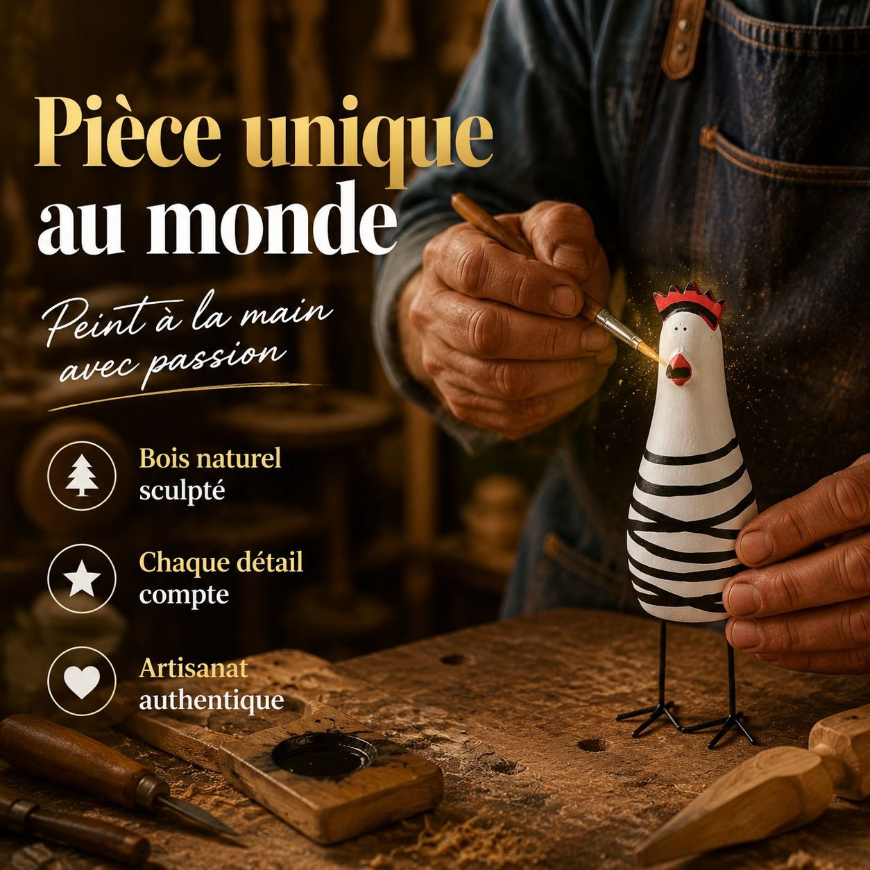 Set de famille coq et poussin sculpté de style européen, 3 pièces en bois, cadeau artisanal