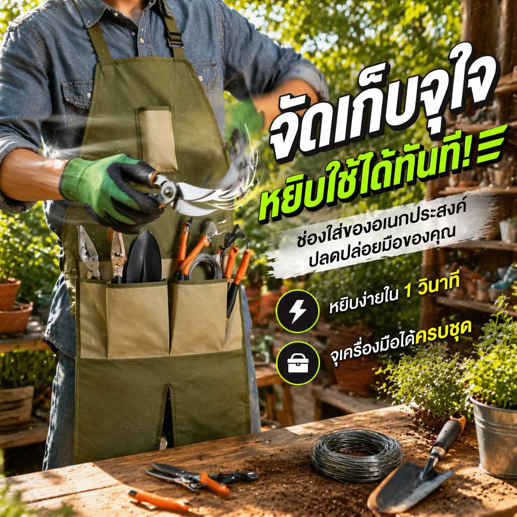 ผ้ากันเปื้อนทำสวนอเนกประสงค์ ผ้าอ็อกซ์ฟอร์ด มีกระเป๋าหลายช่อง ขยายยาว ปกป้องขา