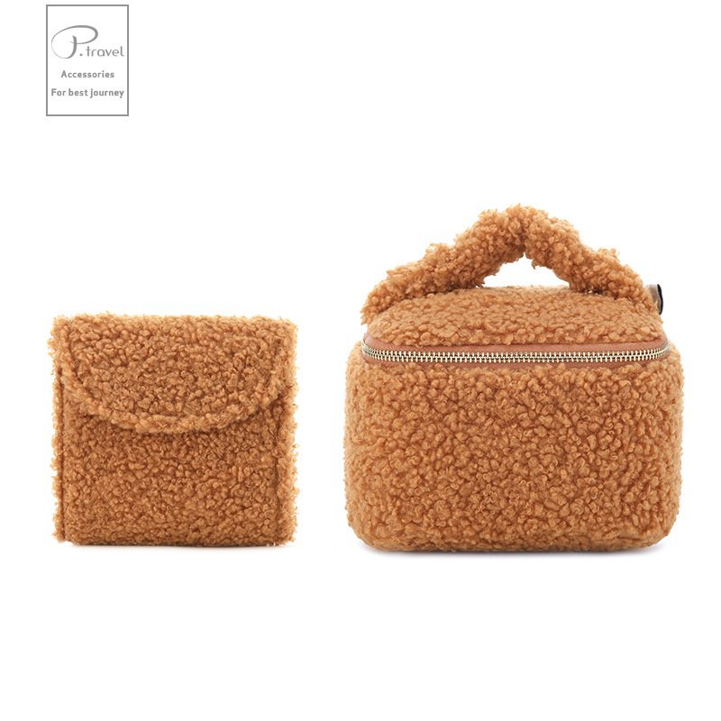 Bolsa multifuncional de maquillaje y joyería, caja de joyas de felpa de cordero