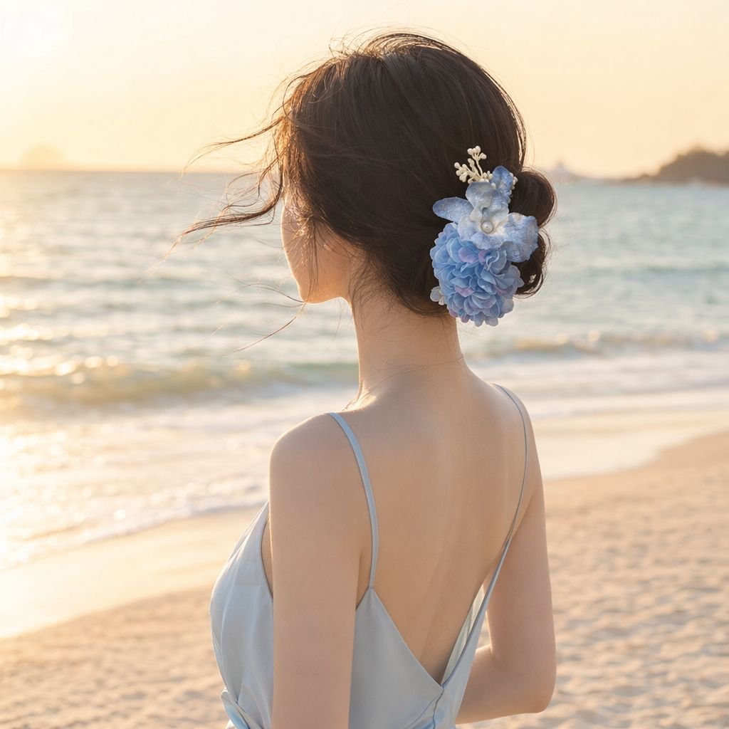 早春をテーマにした青い花のヘアクリップ、甘く雰囲気のあるヘアフラワー、サイドクリップ、旅行用ヘアクリップ