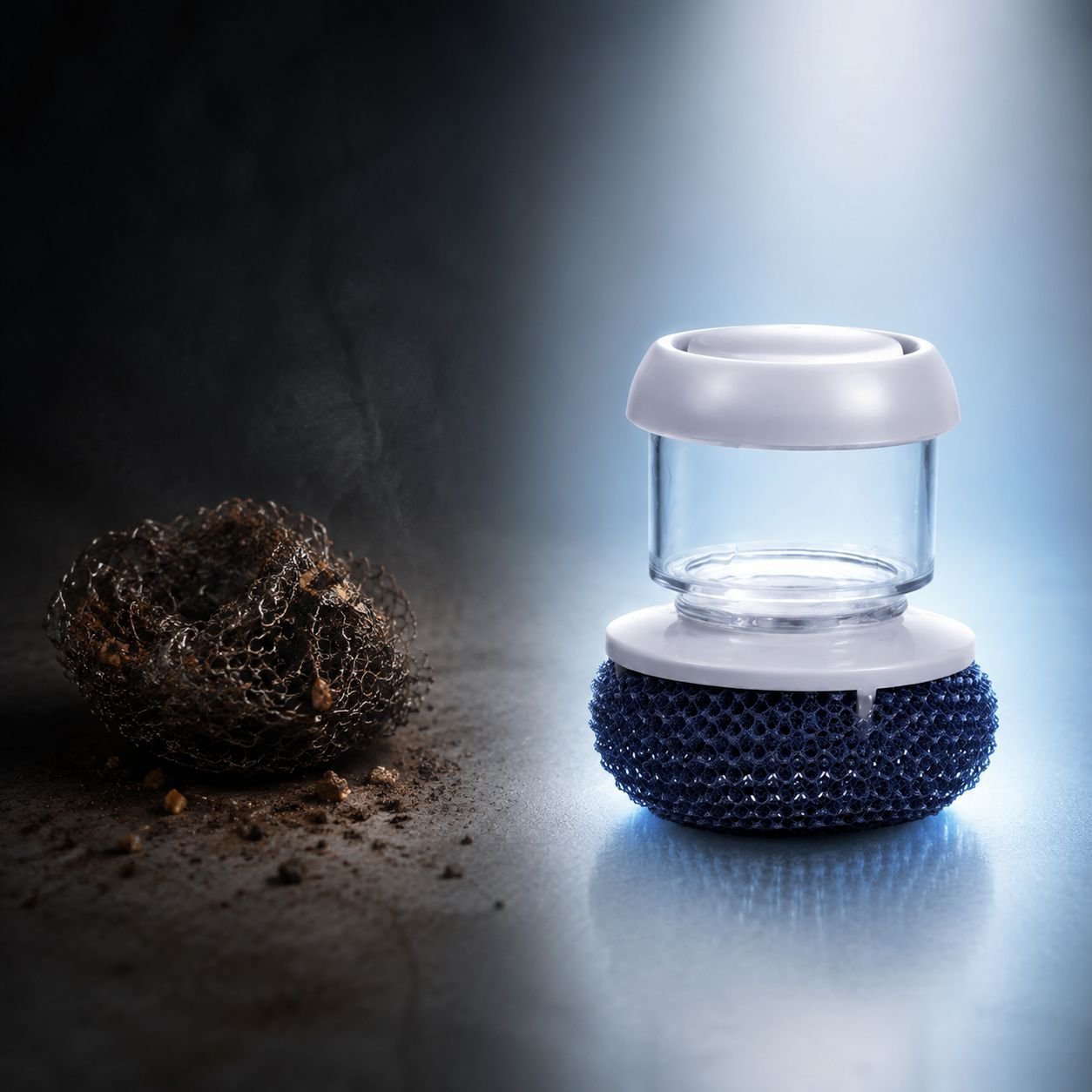 Close-up of kitchen brush sponge and wire ball