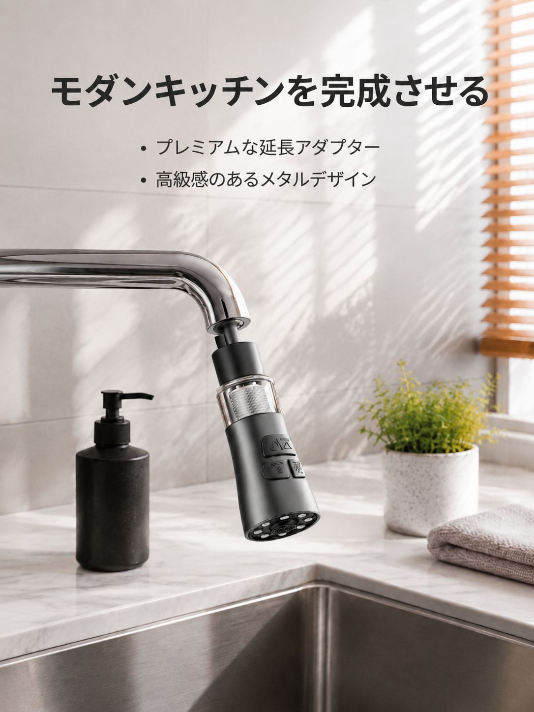 360°回転可能な蛇口フィルターエクステンダーをキッチンの蛇口に取り付けた様子