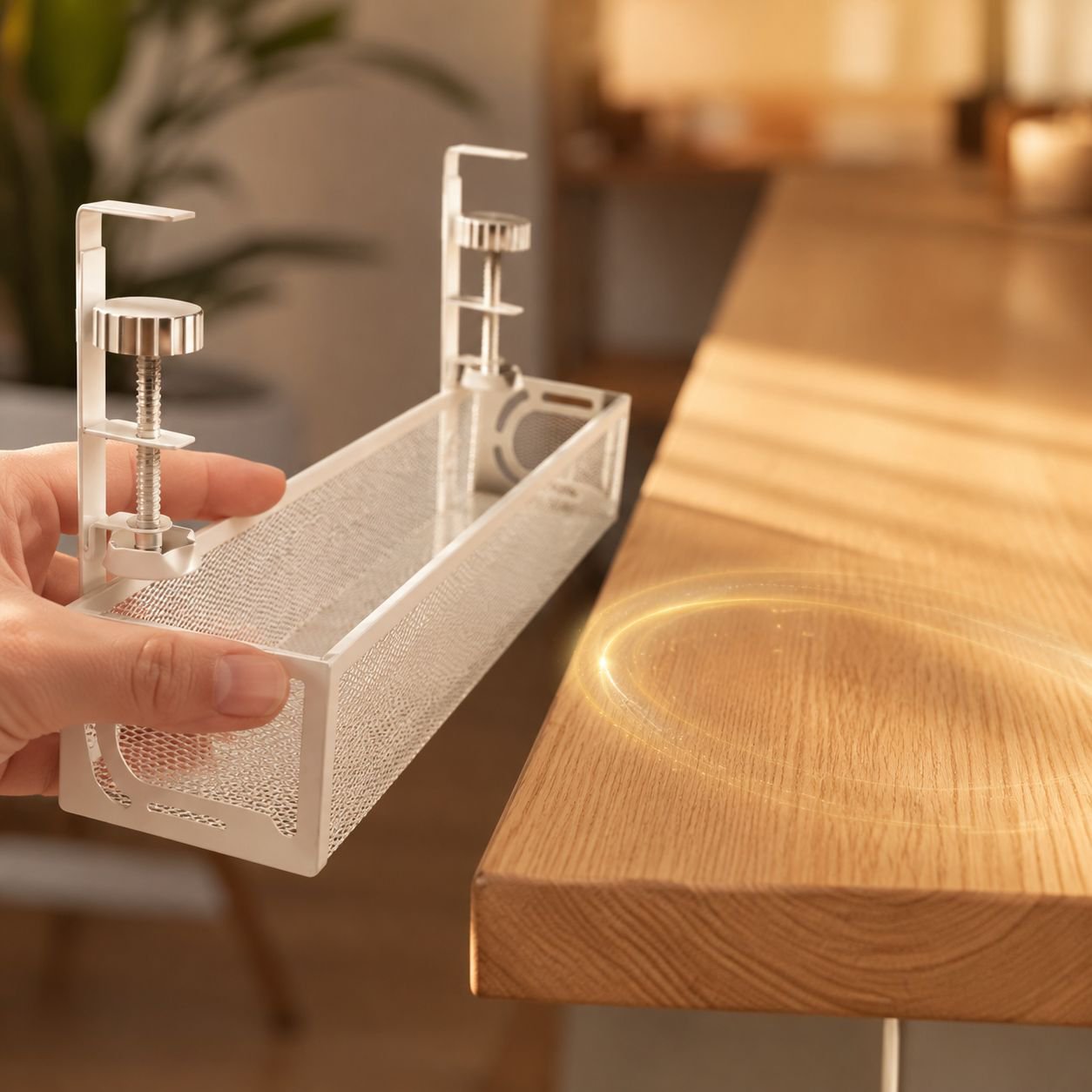 Sleek black cable management rack for modern desks