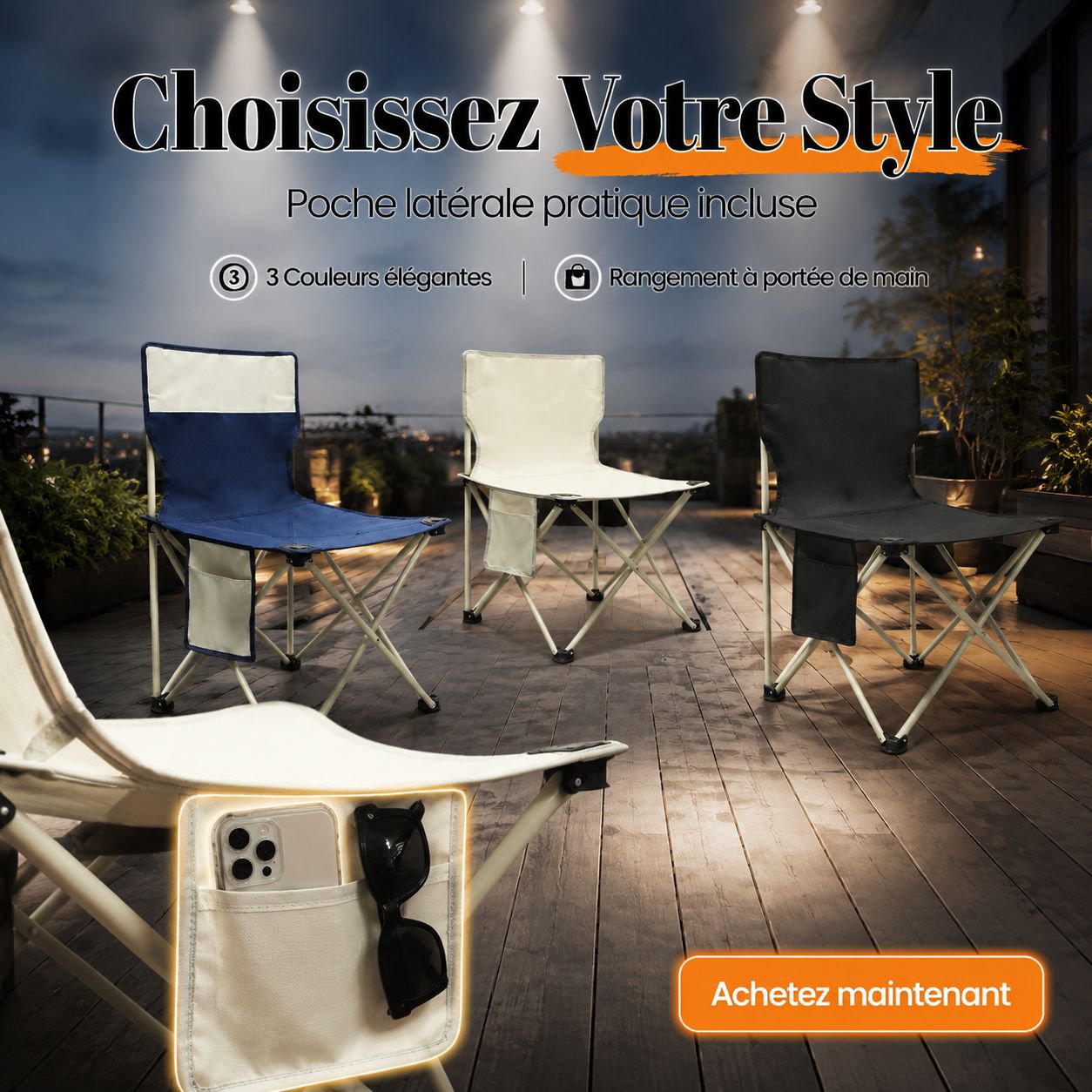 Chaise de pêche pliante extérieure avec dossier portable