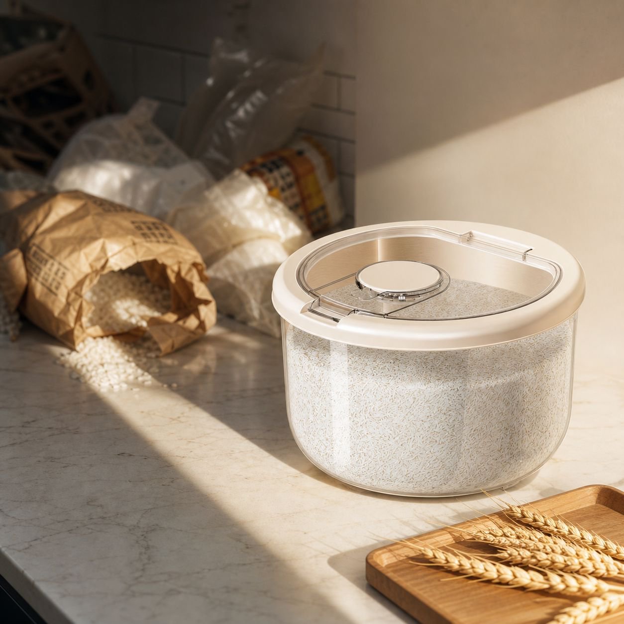 Airtight rice and flour storage box in a modern kitchen