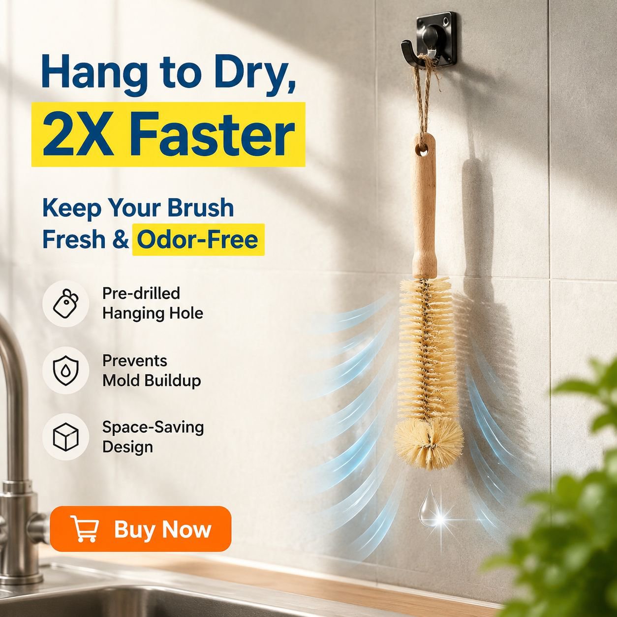 Long Wooden Handle Cleaning Brush for Bottles, Cups, and Glassware