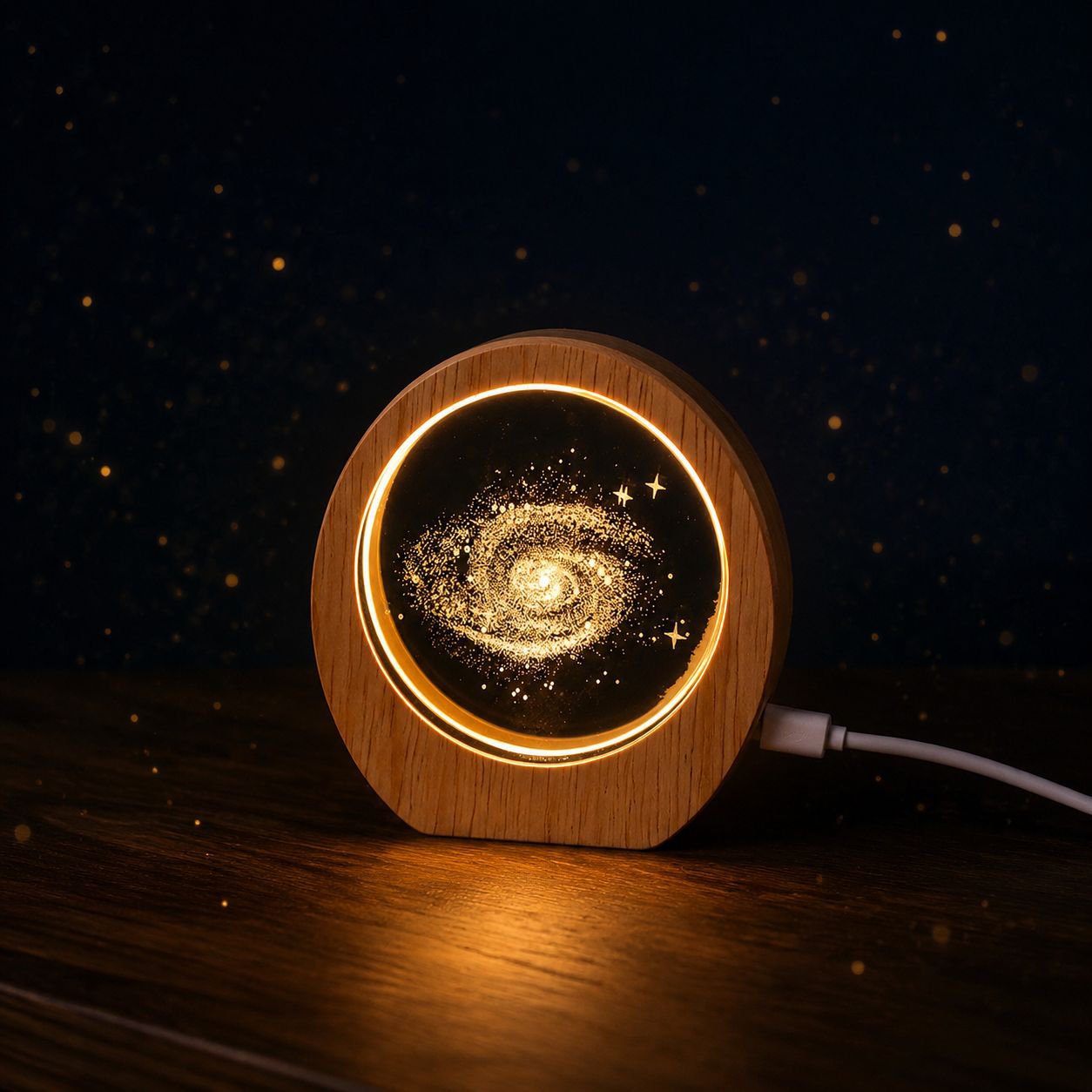 Planet Night Light 3D Internal Carved Illuminating Crystal Desktop Ornament Wooden Base Birthday Gif