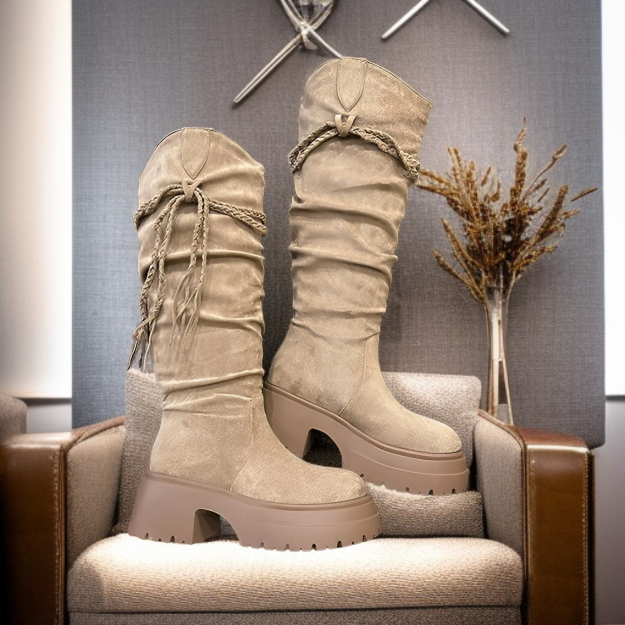 ウェイストランドスタイルのタッセル内側の高さを増やすウエスタンナイトブーツレディース秋冬レトロノースウェスト旅行着用ロングブーツ