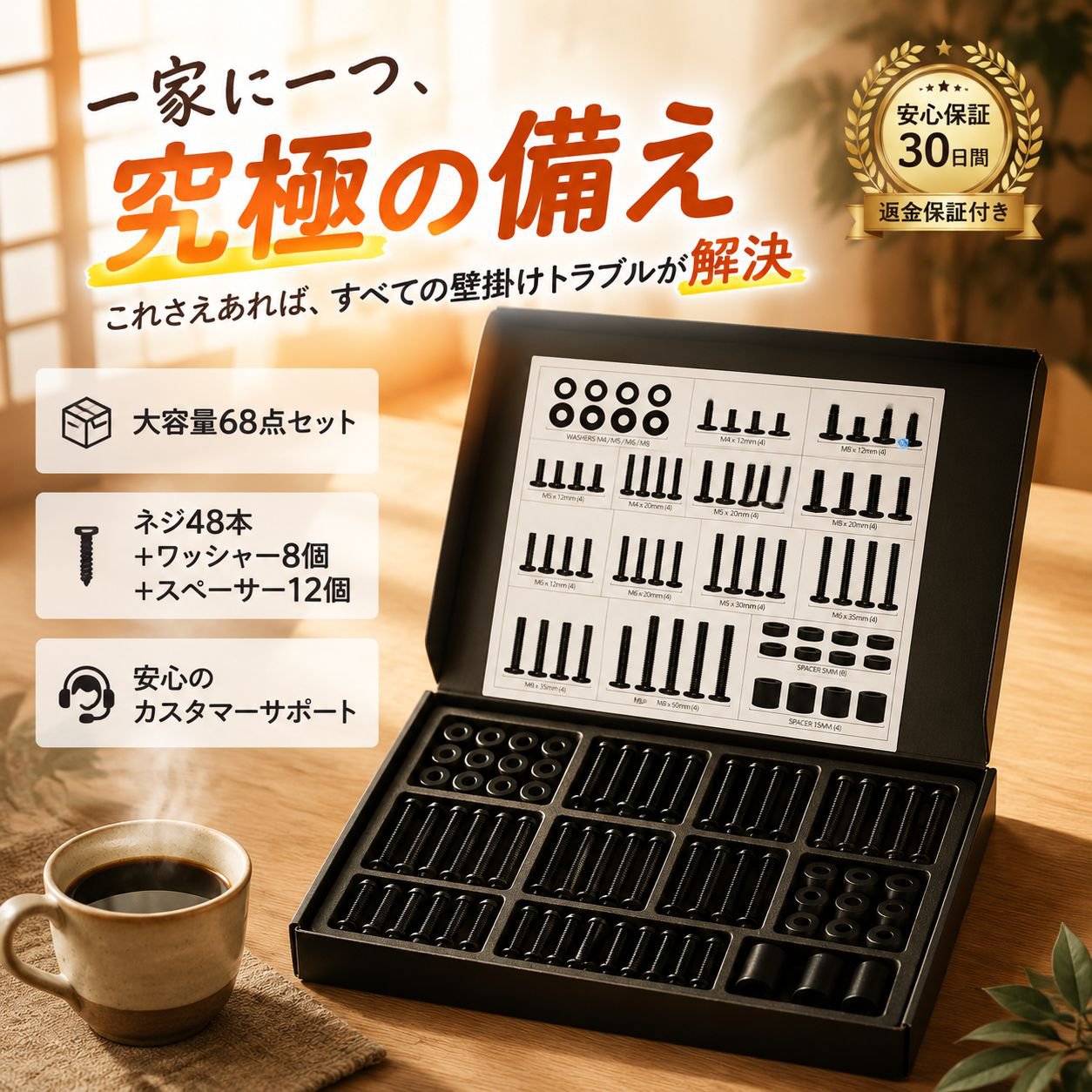 68点テレビ壁掛けネジセット、M4 M5 M6 M8対応