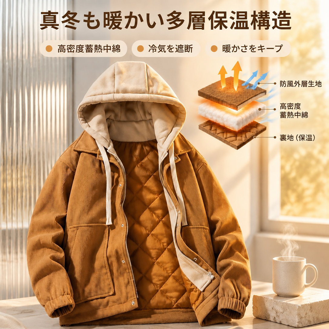 和風のおしゃれなカップル用コーデュロイフード付きジャケット、秋冬用、フリース裏地付きで厚手、メンズのフェイクツーピーススウェットシャツ、香港スタイルのジャケット。