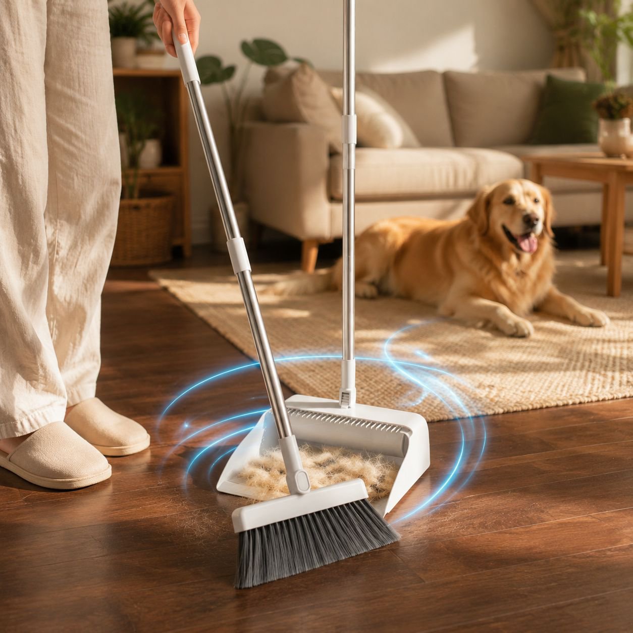 3-in-1-Besen-Set mit weichen Borsten, Kehrschaufel und Fusselentferner, Reinigung von Tierhaaren