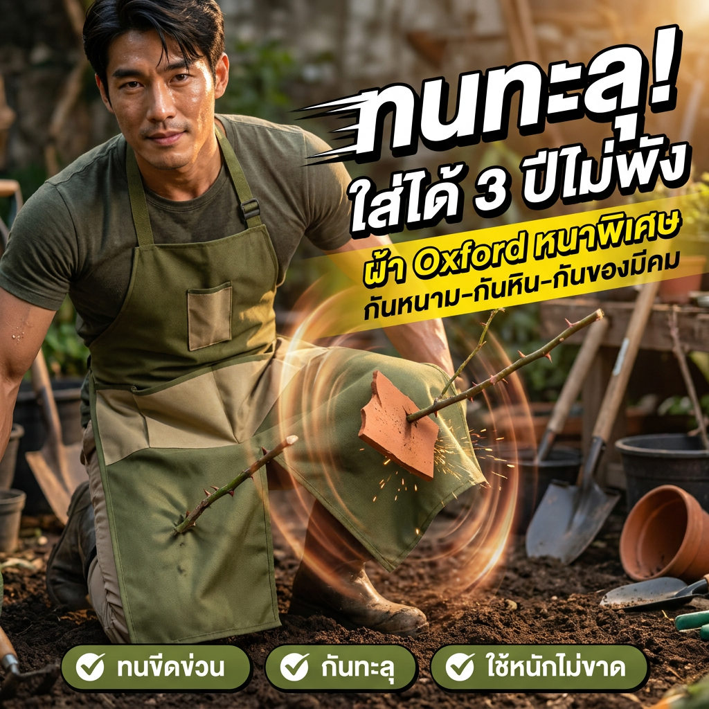 ผ้ากันเปื้อนทำสวนอเนกประสงค์ ผ้าอ็อกซ์ฟอร์ด มีกระเป๋าหลายช่อง ขยายยาว ปกป้องขา
