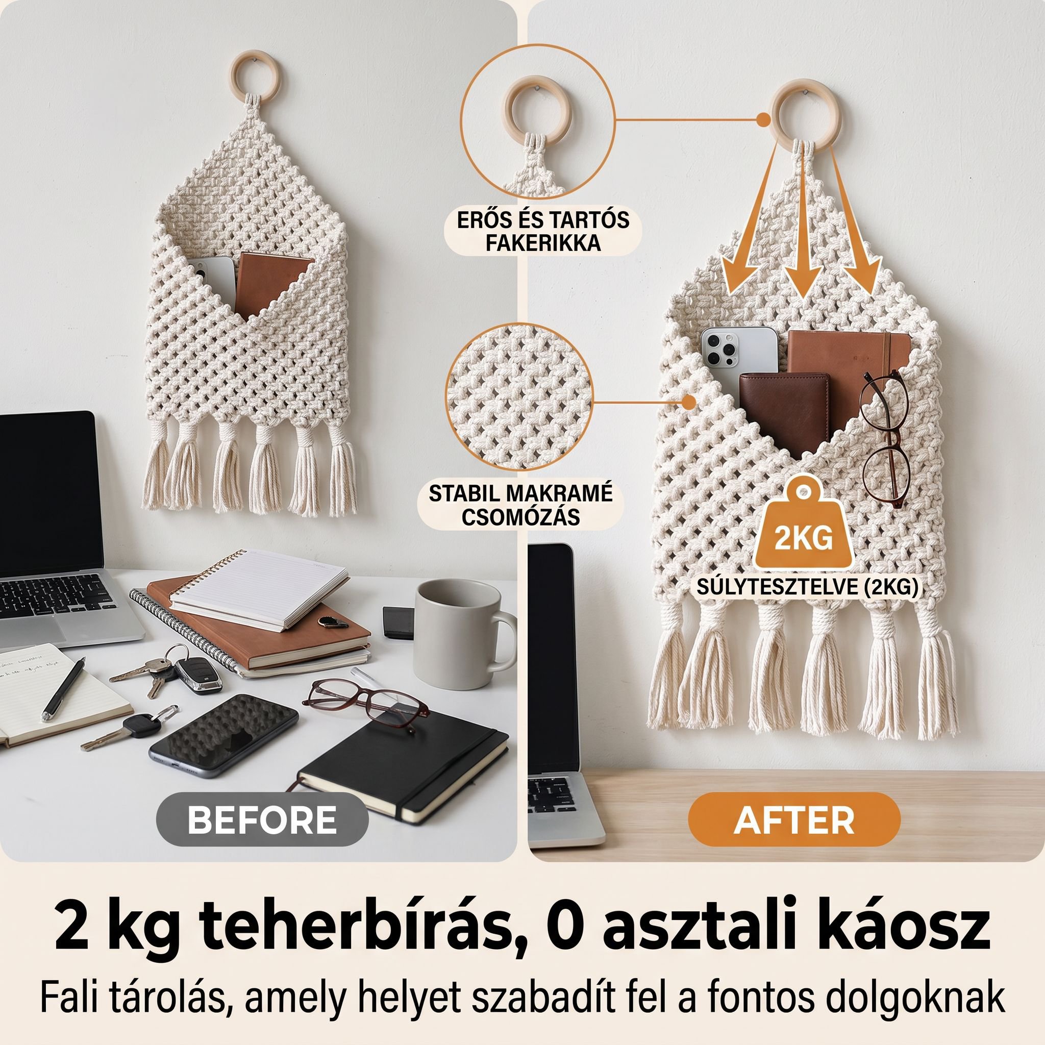 Boho stílusú, kézzel készített fali tároló, hálós kivitelben