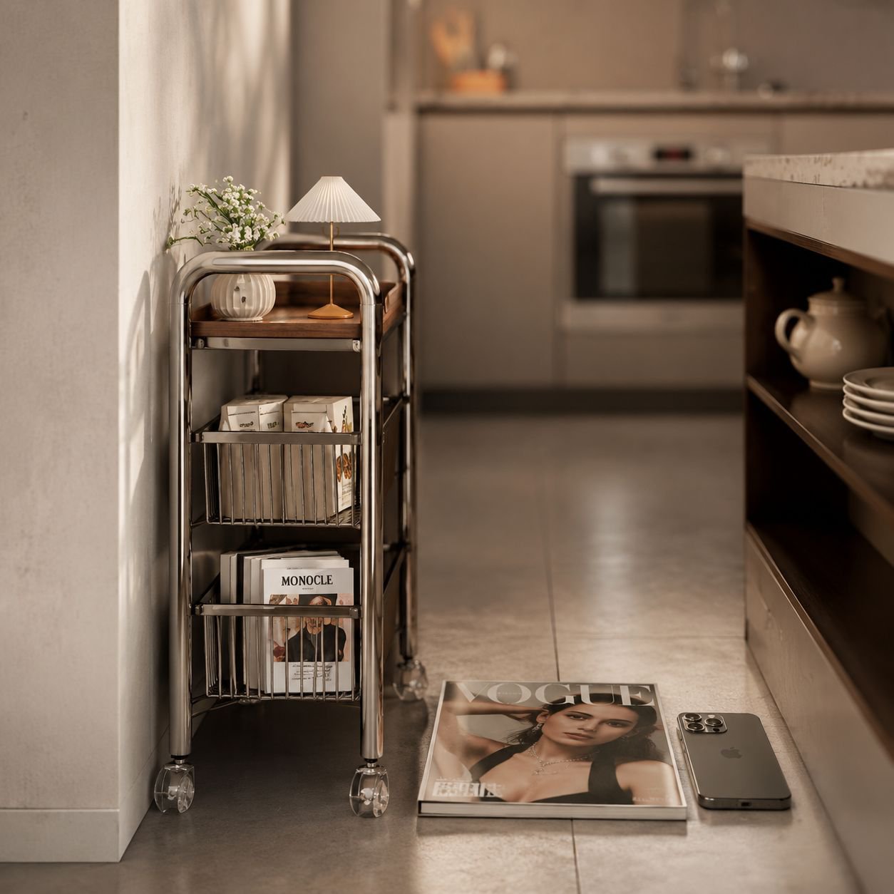 Multi-layer vintage kitchen narrow storage trolley, pull-out refrigerator side rack