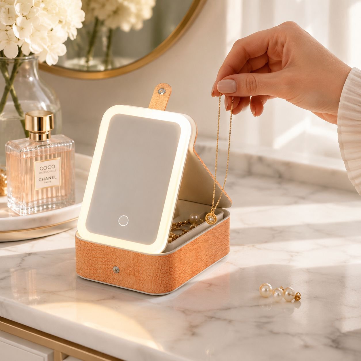 Travel LED Makeup Mirror Jewelry Box, PU Leather Portable Organizer